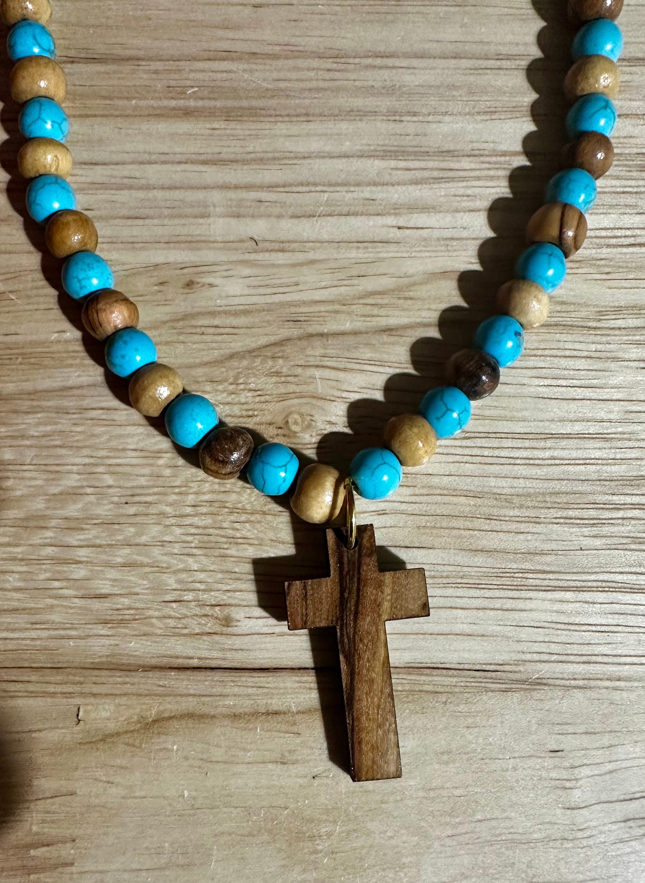 Bethlehem olive wood beads and turquoise beads necklace handmade with olive wood cross pendant comes gift boxed