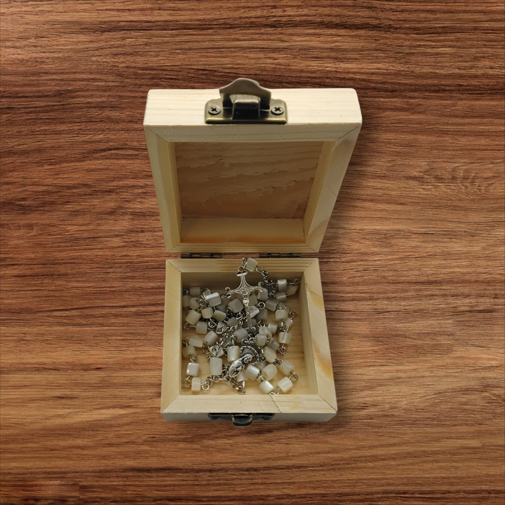 Catholic rosary mother of pearl necklace handmade with wooden rosary box personalized