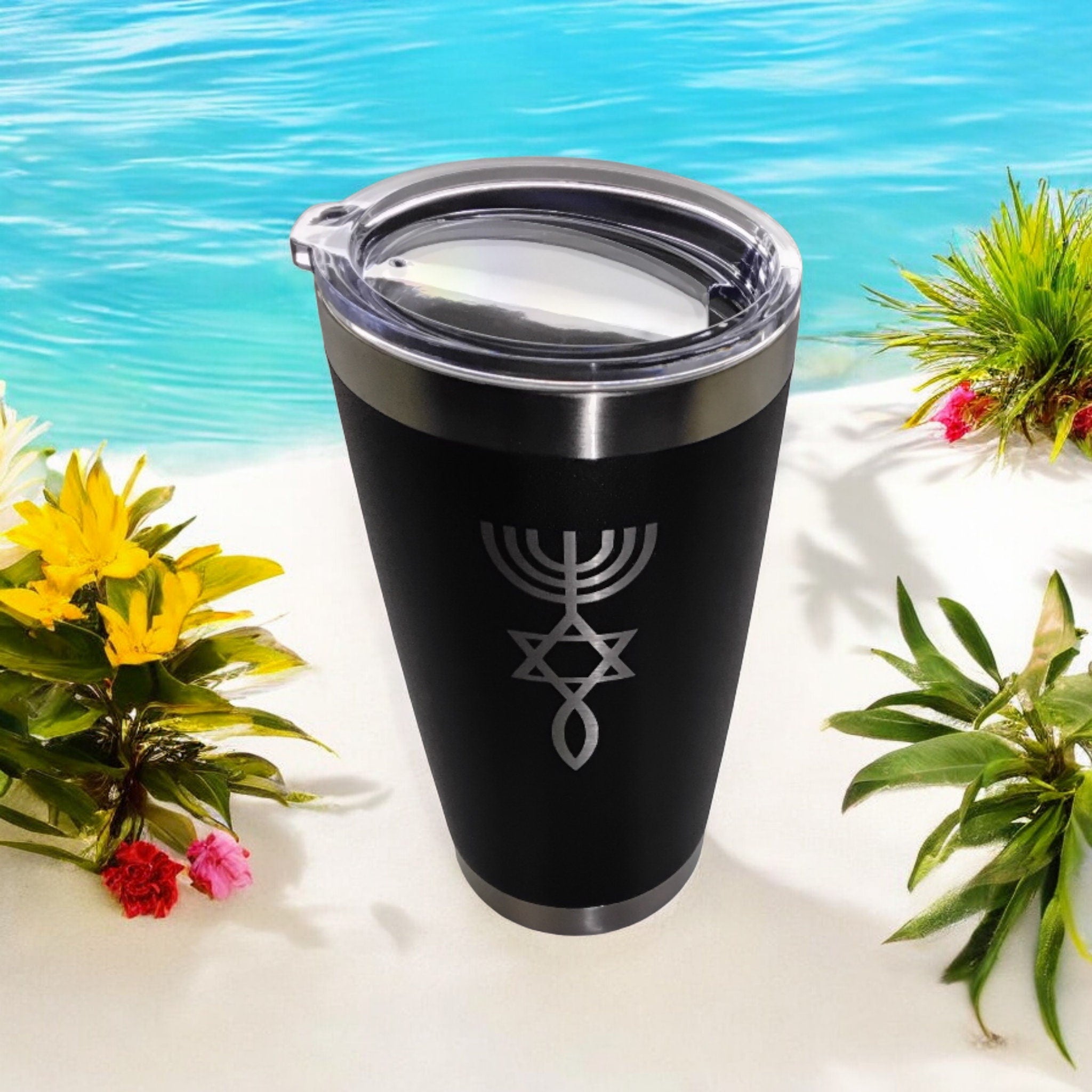 20oz Stainless Steel Tumbler w Lid engraved Messianic Seal grafted In Israel Star of David Menorah and fish travel mug
