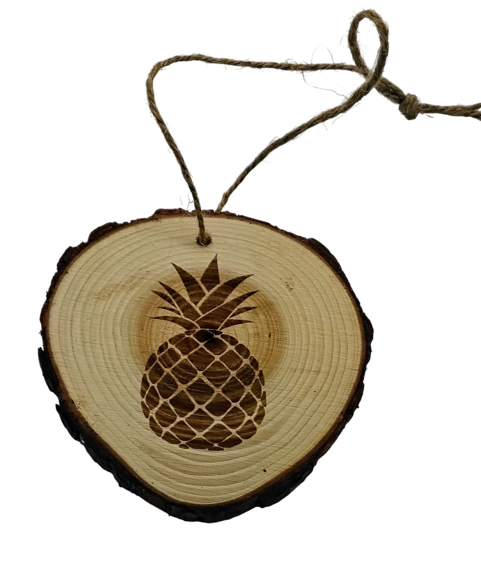 Pineapple handmade engraved on natural pine wood slice with the bark great decoration for the Christmas tree comes ready to hung gift box