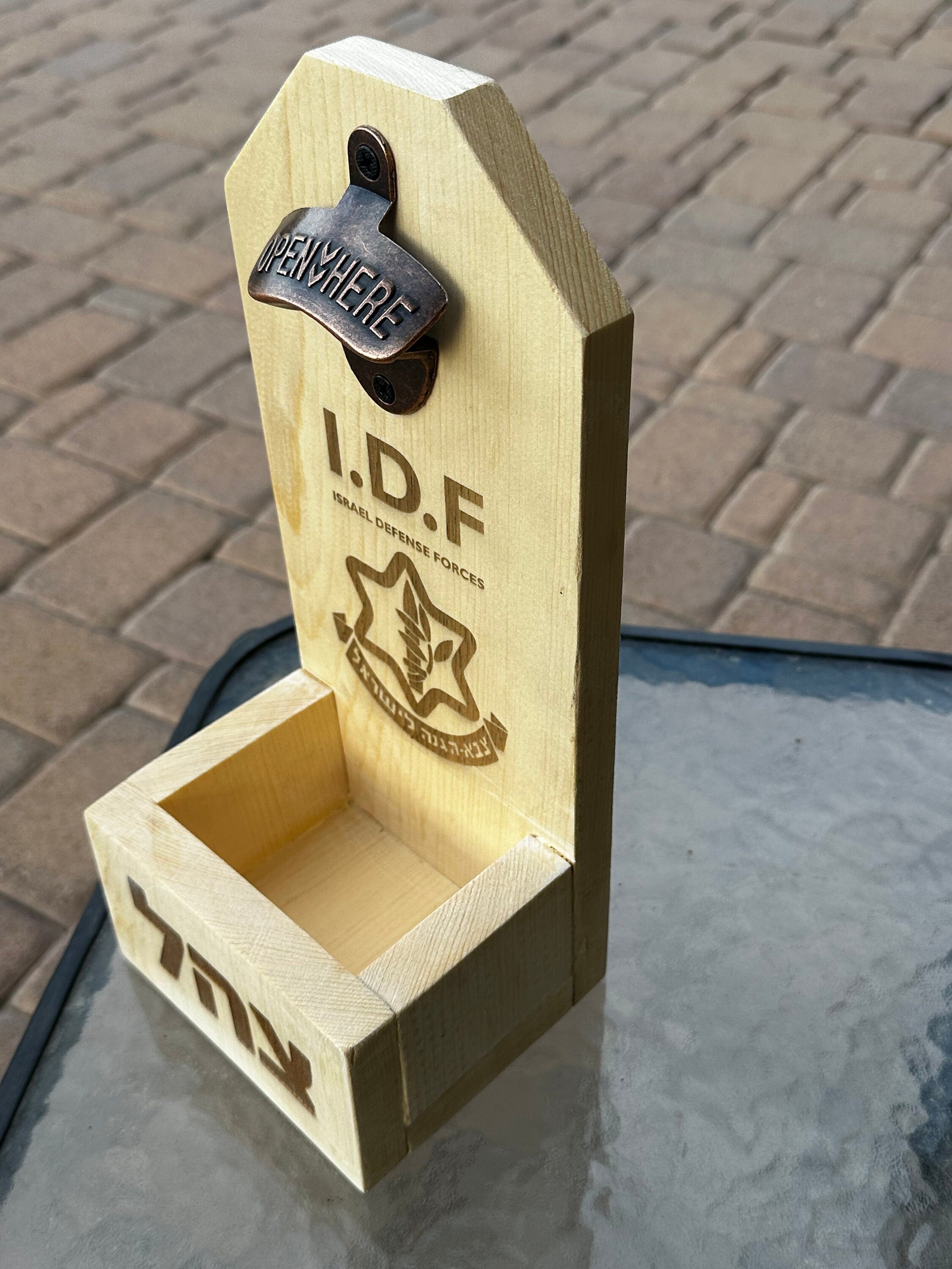 Wooden beer bottle opener handmade with Hebrew IDF Israel defense forces
