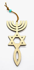 Messianic Seal Grafted In Israel Star of David Menorah and Fish cutout basswood 5" long x 2" gift boxed home decor wall hanging ornament