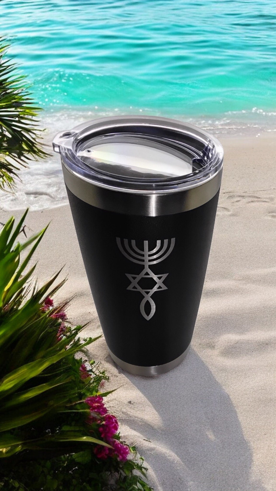 20oz Stainless Steel Tumbler w Lid engraved Messianic Seal grafted In Israel Star of David Menorah and fish travel mug