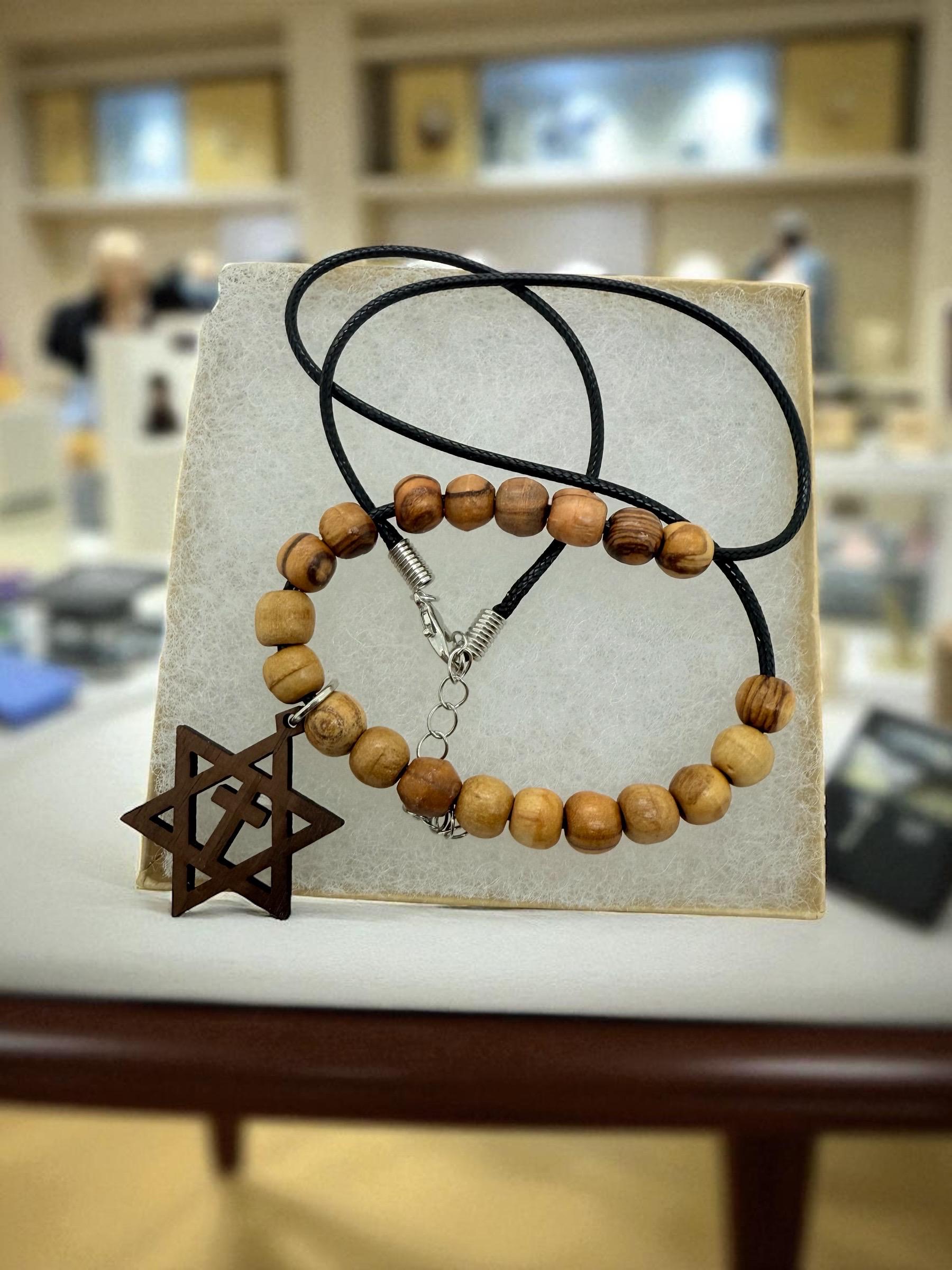 Star of David with the cross walnut wooden pendant handmade necklace with olive wood beads 20" gift boxed