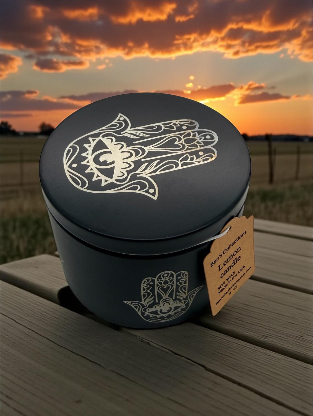 Handmade soy wax candle Hamsa hand protection Yoga Meditation engraved tin metal jar available in 3.5 oz or 7 oz. Personalization Available