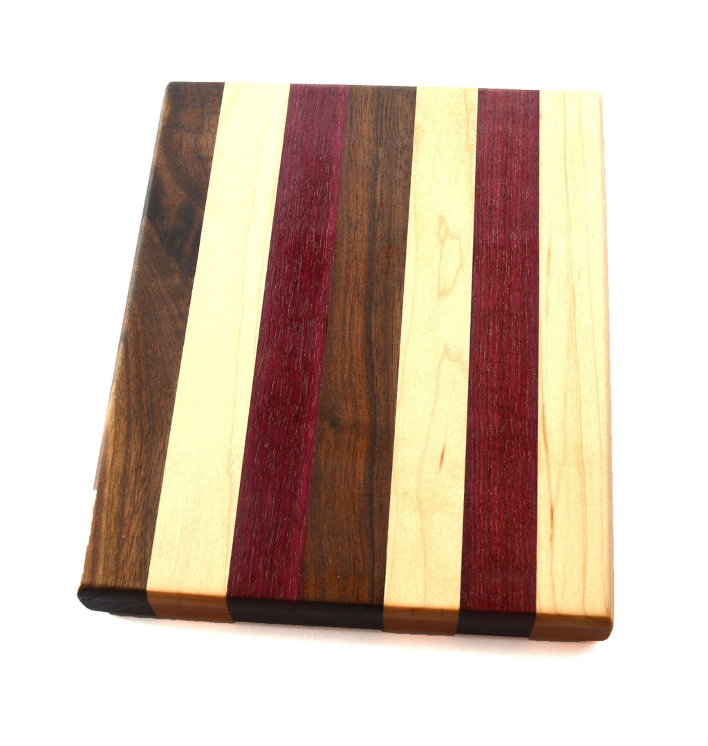 Handmade Hard wood small cutting board 8" x 7" Walnut Hard Maple Cherry and Purple-heart wood