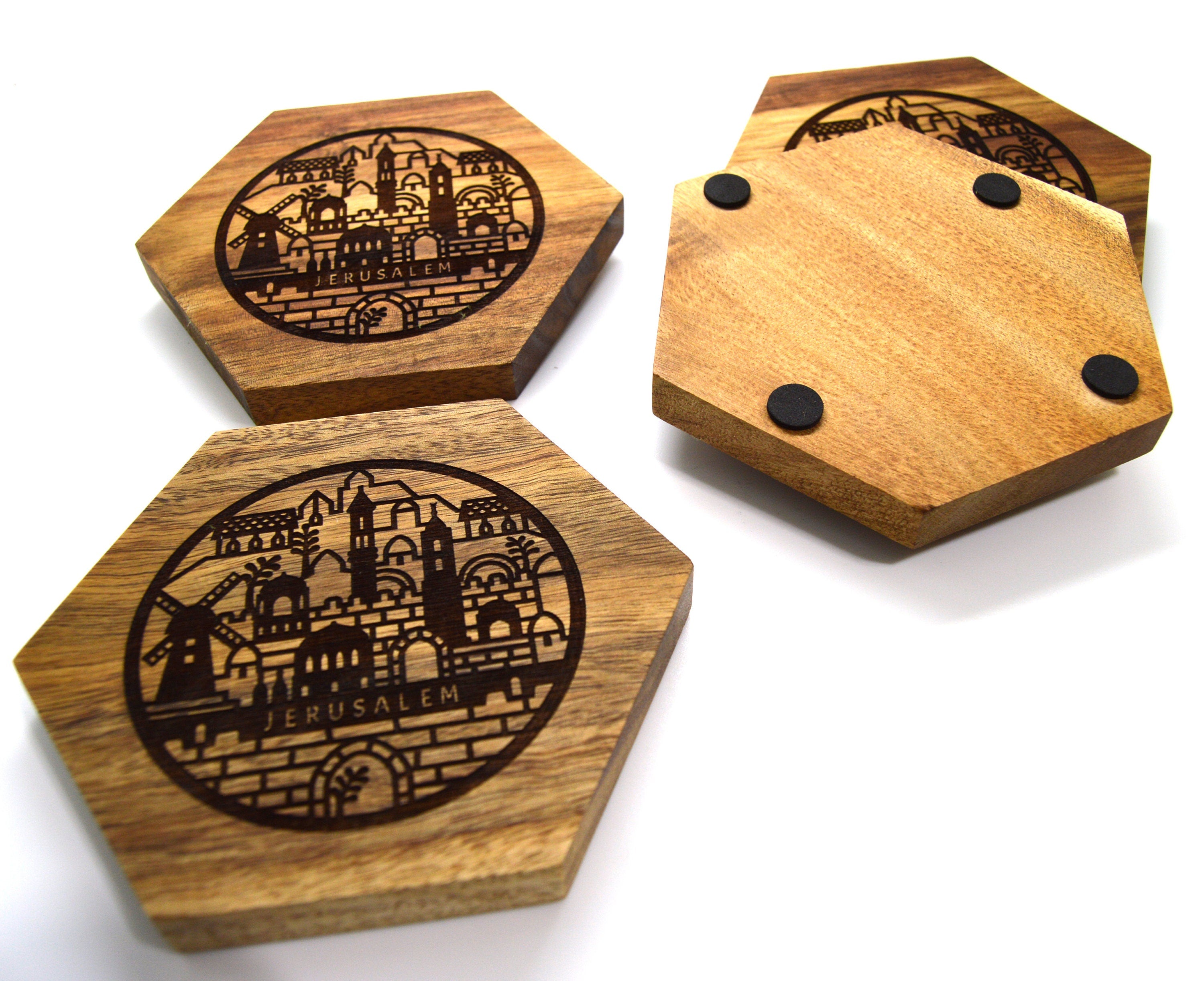 JERUSALEM Coasters Acacia wood engraved with the city of Jerusalem Israel set of 4