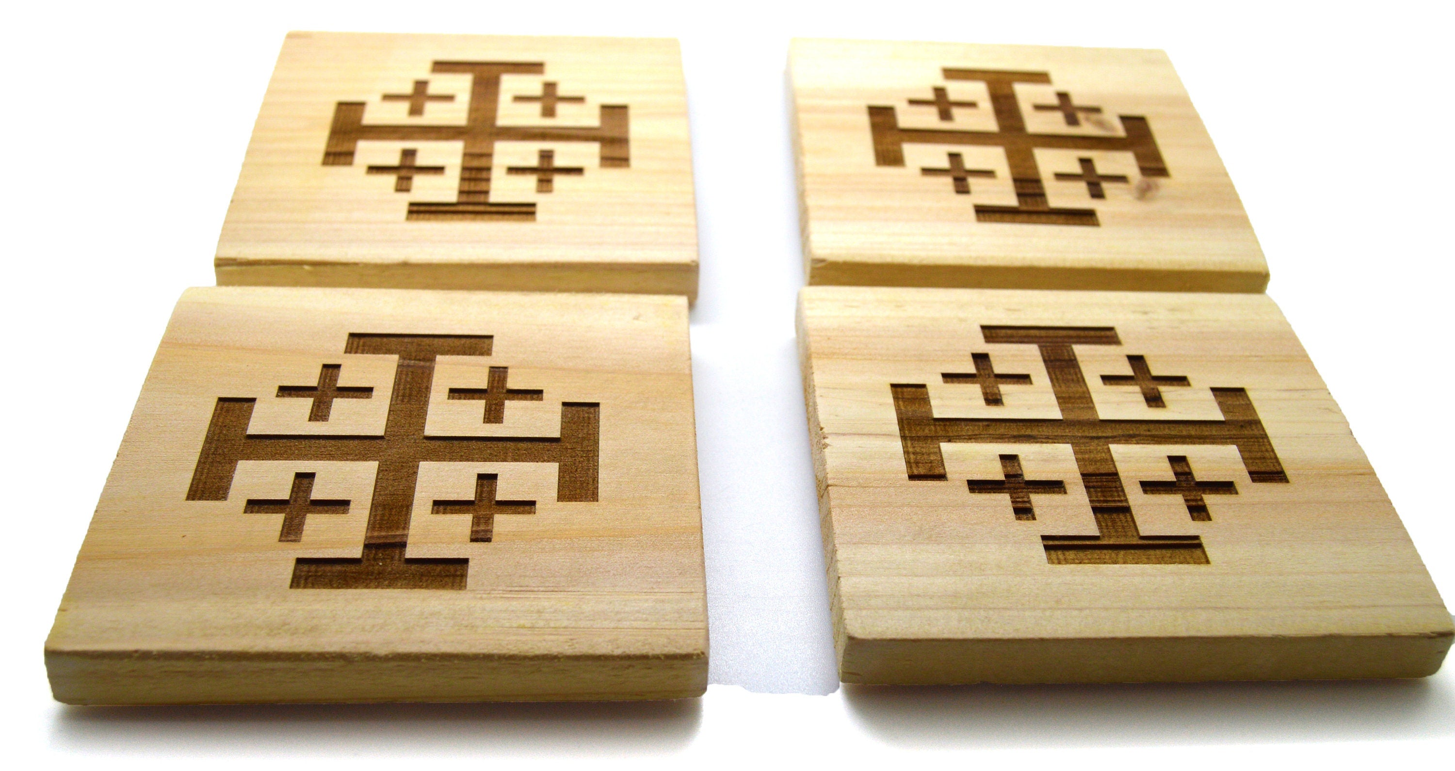Jerusalem cross wooden coasters engraved on pine wood set of 4 coasters
