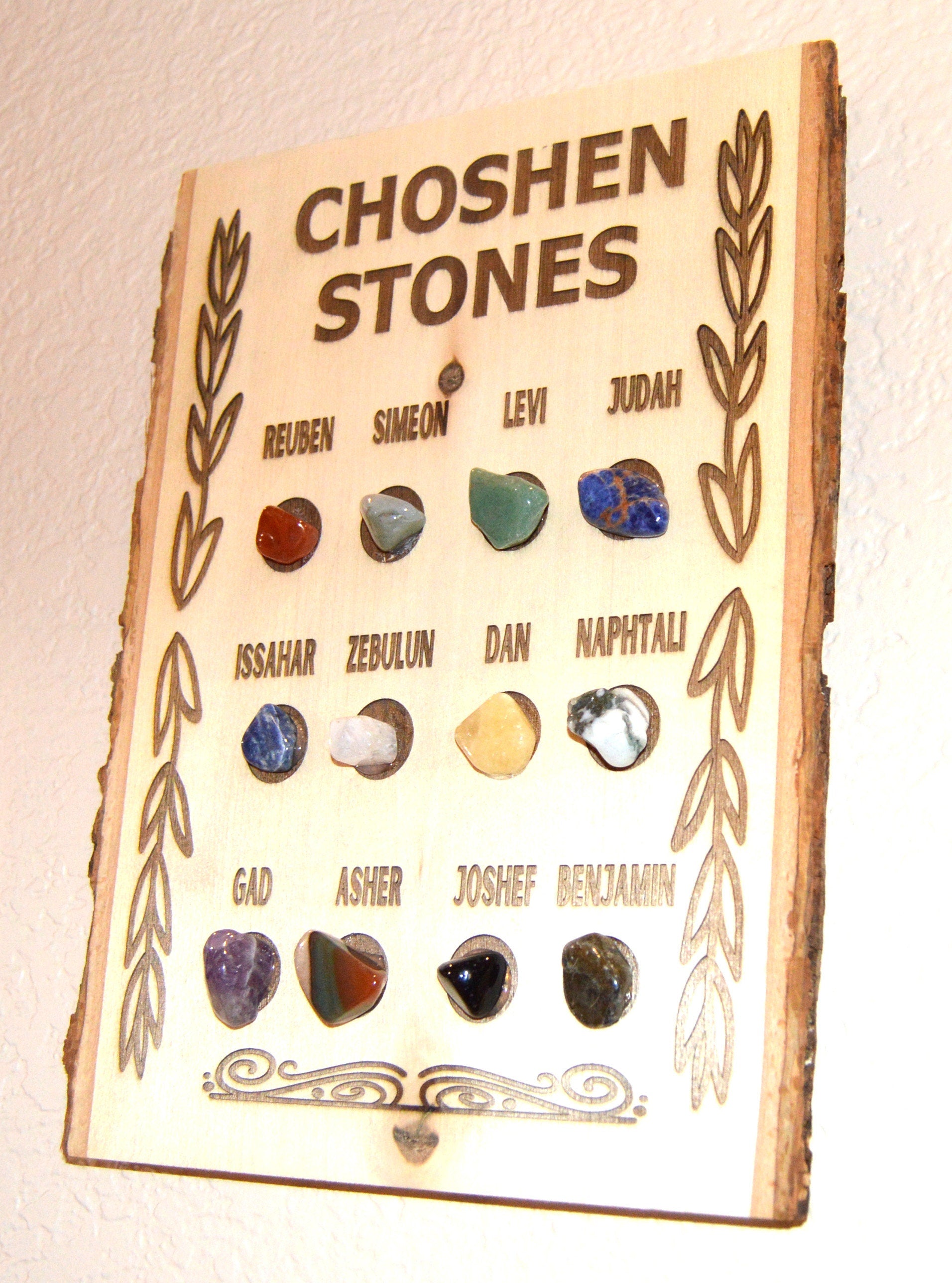 CHOSEN Stones 12 tribes of Israel Hoshen High Priest Ephod with the Genuine Gemstones of the twelve tribes names Engraved on live edge wood.