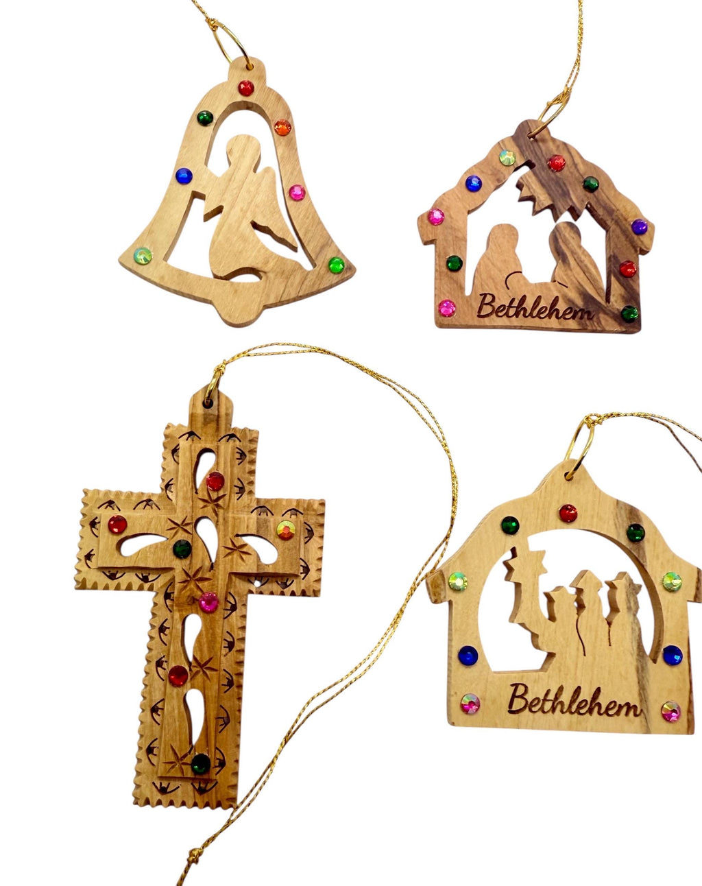 Bethlehem olive wood Christmas ornaments hand crafted with rhinestones set of 6 ornaments