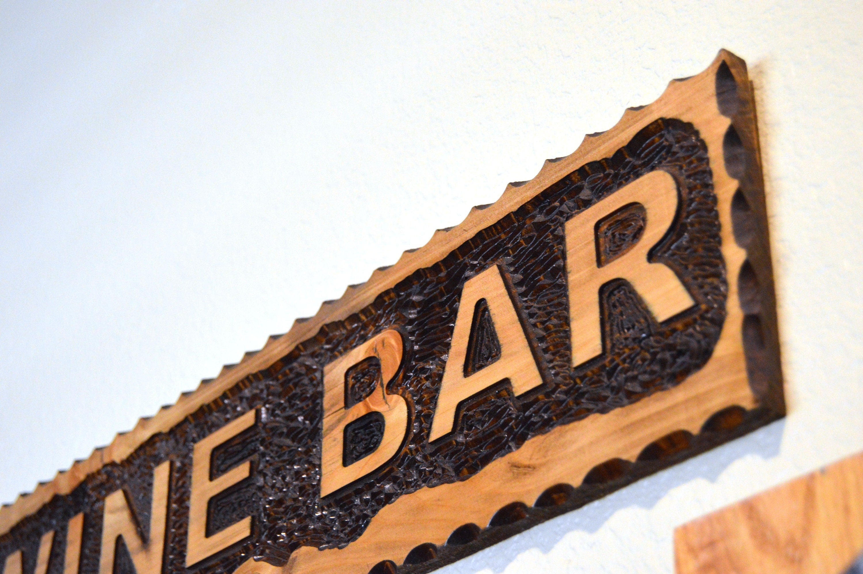 Wine Bar hand carved  cedar wood Sign stained size 22" x 6"