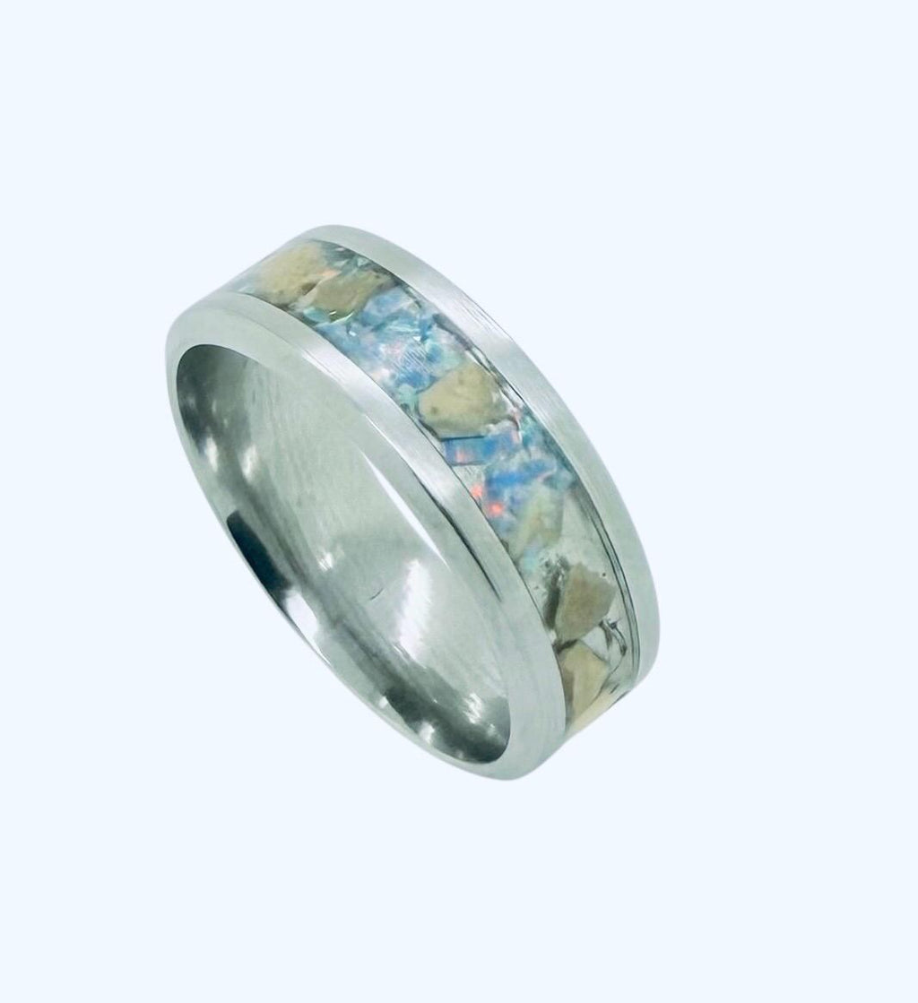 Jerusalem stones crushed blue opal handmade ring for men stainless steel ring