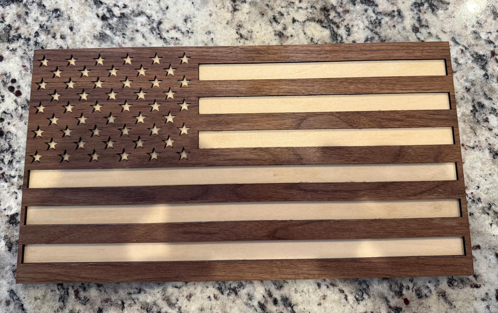 USA American flag handmade in Arizona from walnut and basswood with wooden stand 16 x 8.5