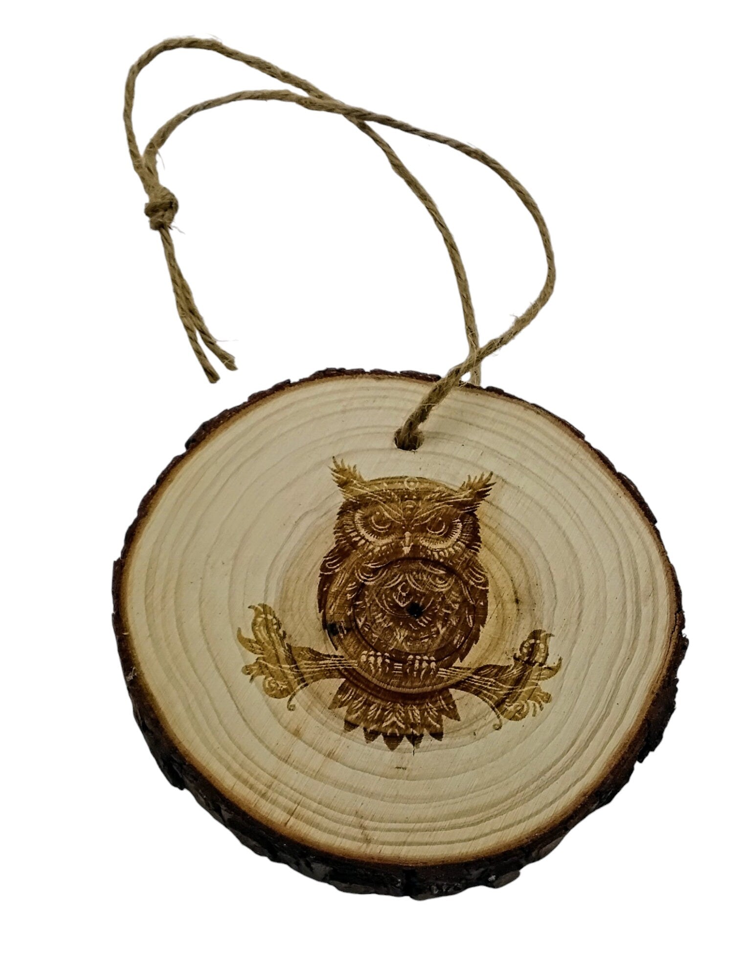 Owl bird handmade engraved on natural pine wood slice with the bark great decoration for the Christmas tree comes ready to hung gift box