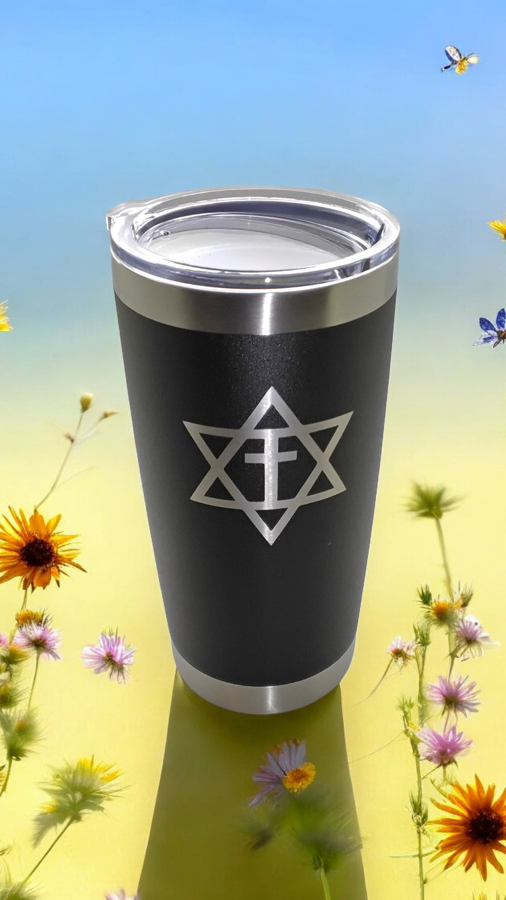 20oz Stainless Steel Tumbler w Lid engraved Star of David with cross Messianic travel mug