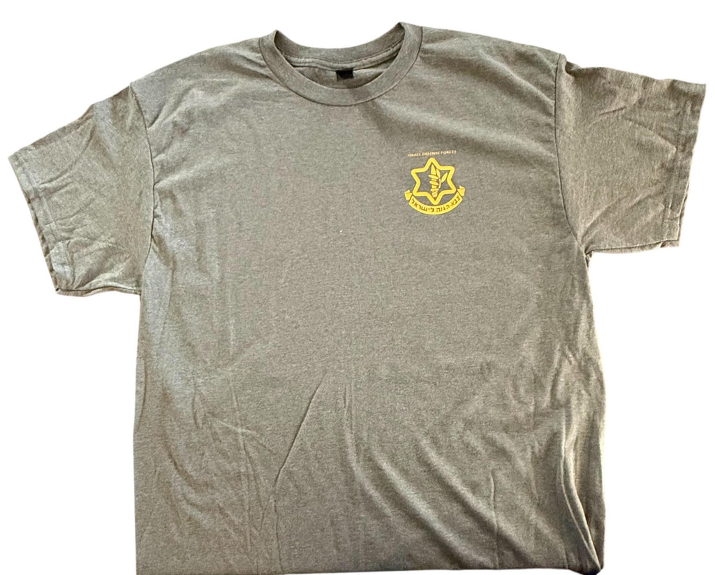 IDF T-shirt 100% cotton with 3" pocket size logo heather military green color Israel Army shirt unisex adult