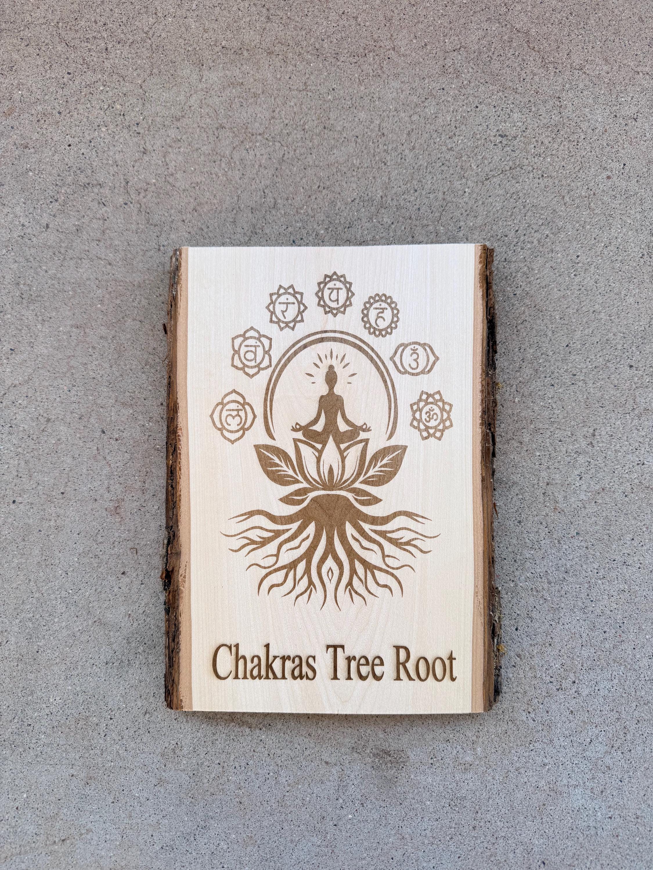 Chakra Tree Root yoga sign engraved on live edge basswood size 11” x 8”