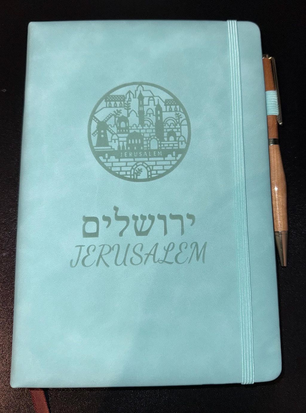 Notebook Journal engraved with Jerusalem or IDF logo in Hebrew and English with your name personalized in Hebrew and handmade wooden pen