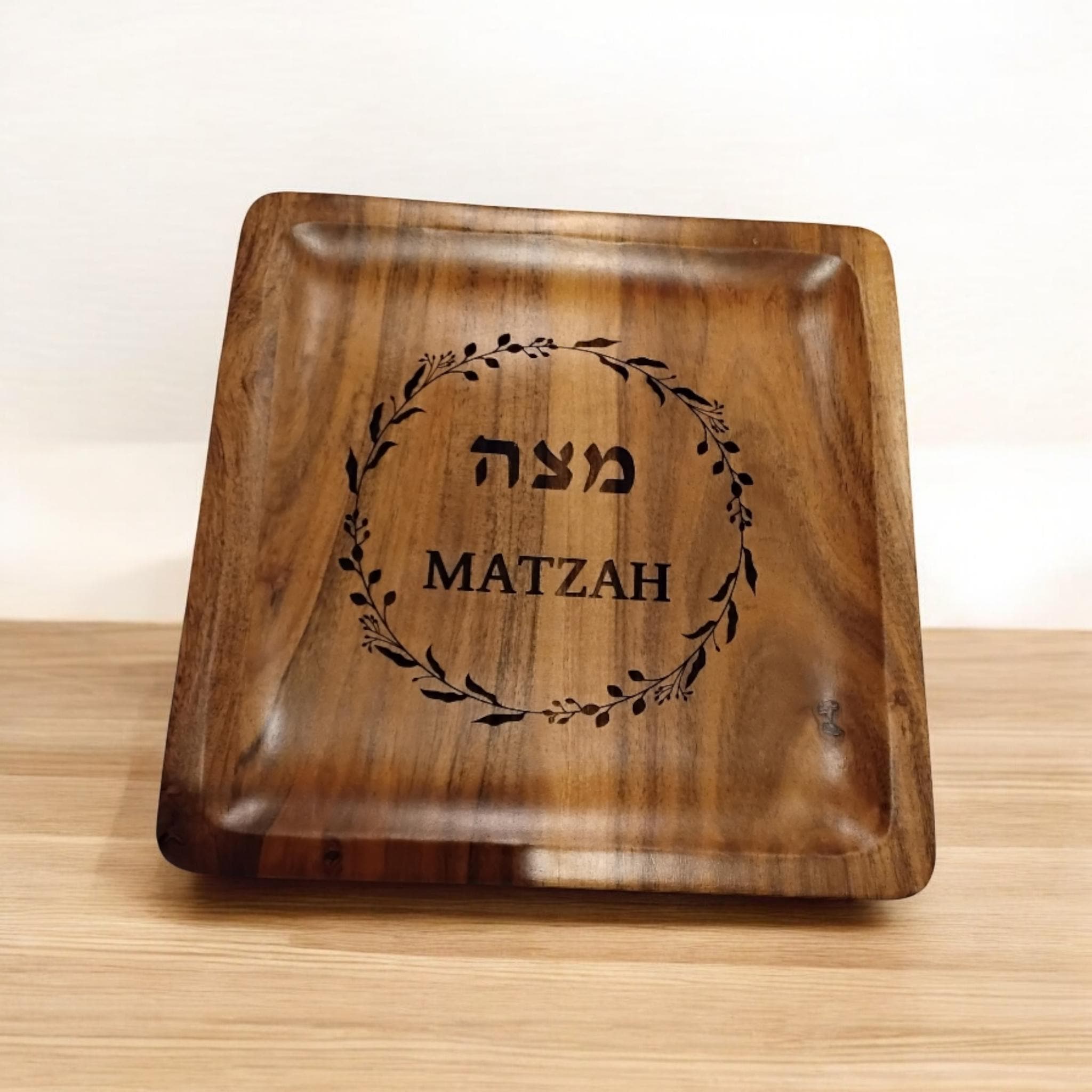 Passover Matzah plate handmade from acacia wood engraved in Hebrew and English size 10 inches