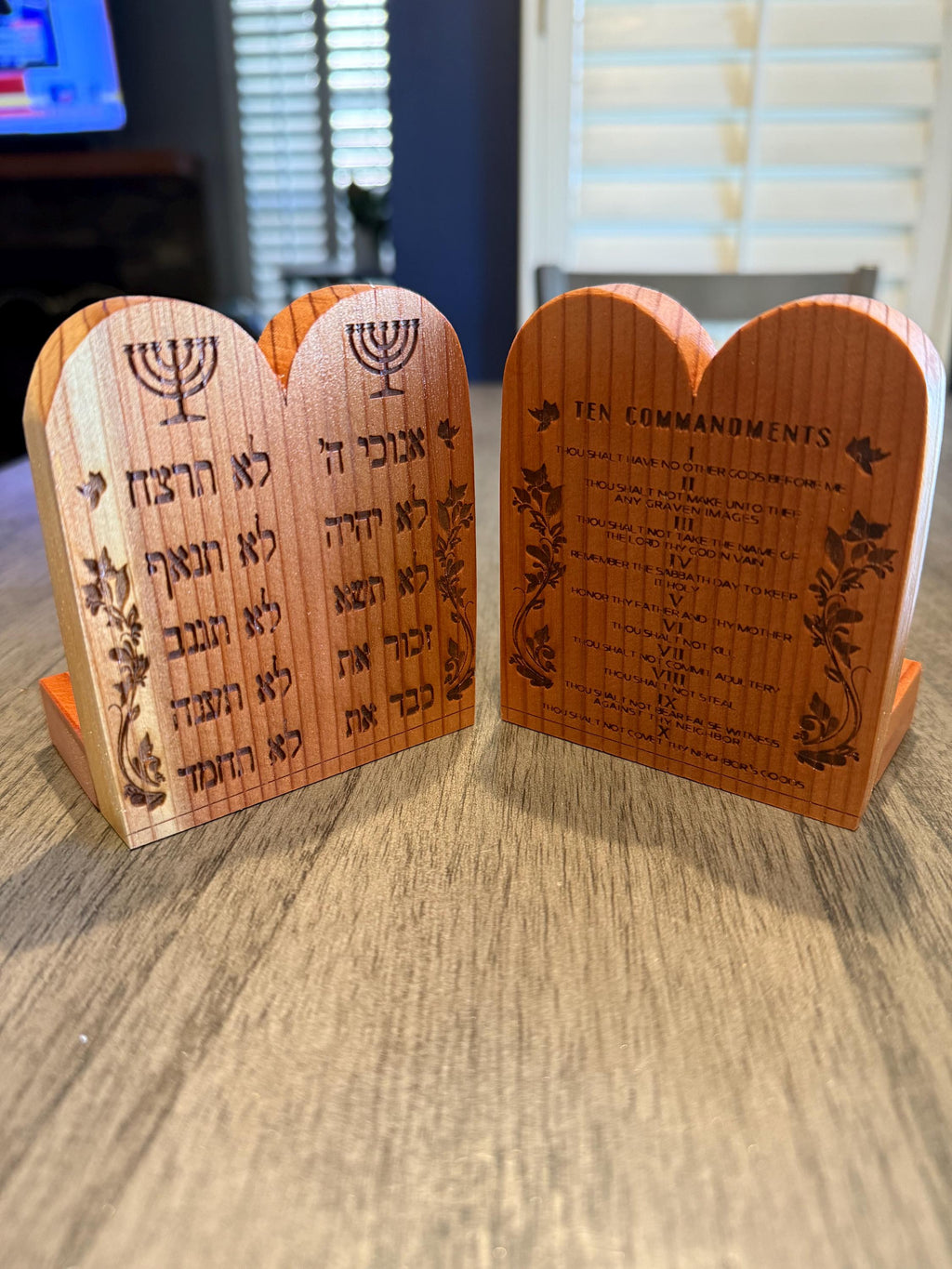 The Ten Commandments handmade engraved in English or Hebrew with the menorah on cedar wood table top desk or bookcase display.