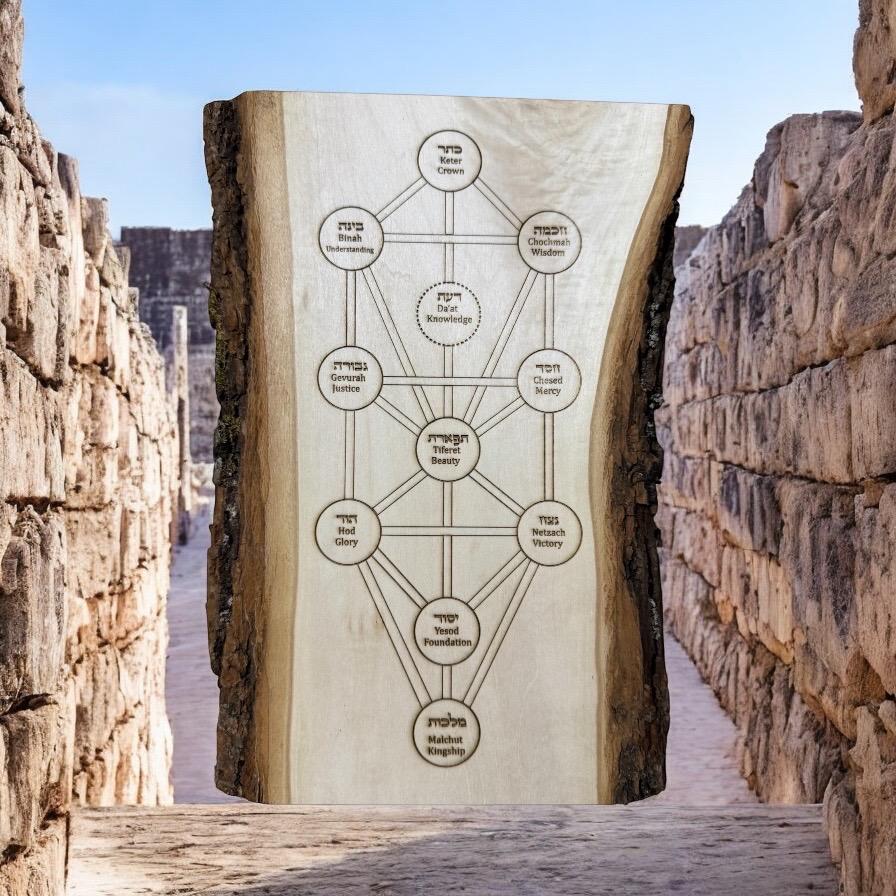 Ten Sefirot tree of life in Hebrew and English Kabbalah live edge engraved 11” x 8”