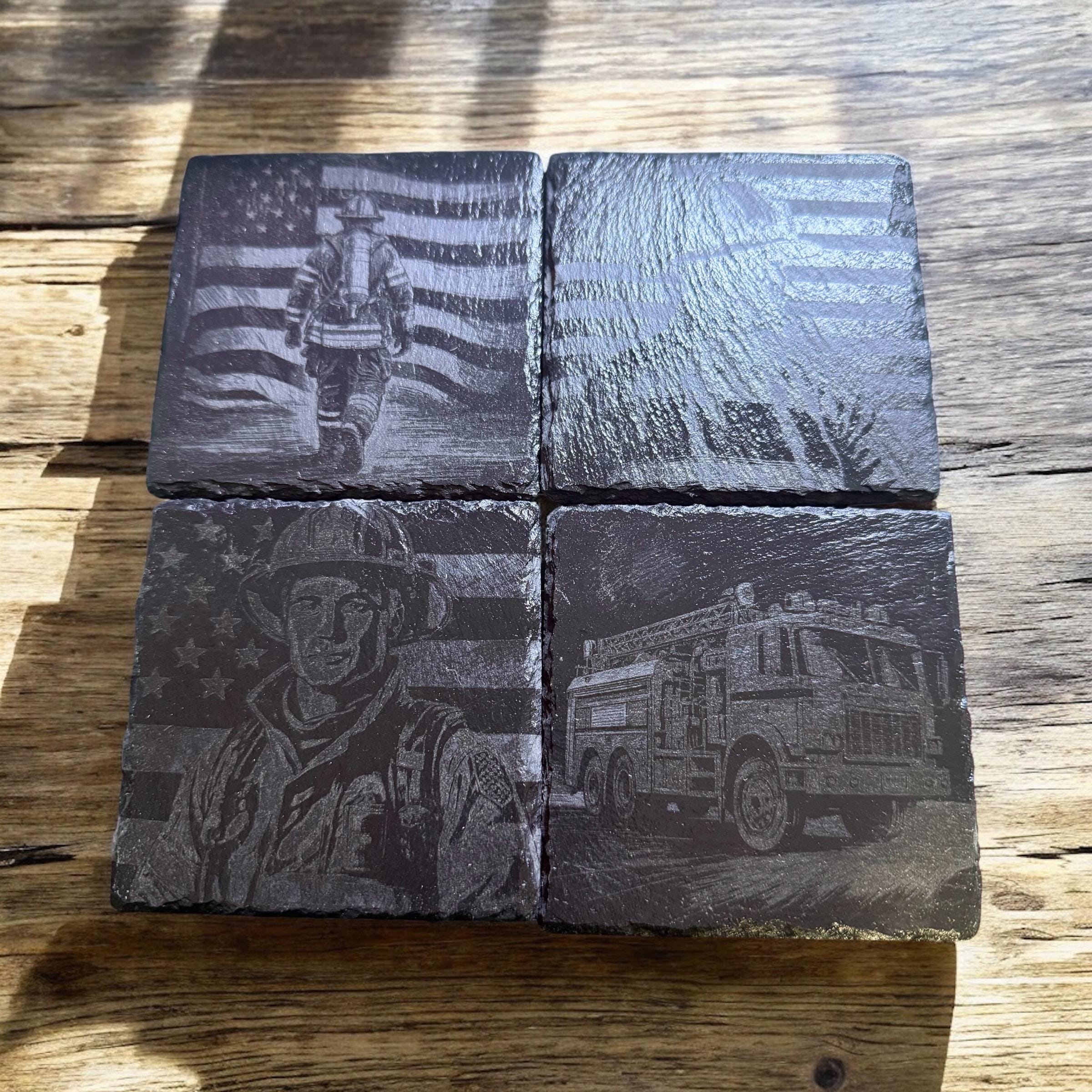 Natural Slate Stone Handmade Coaster Set with fireman designs