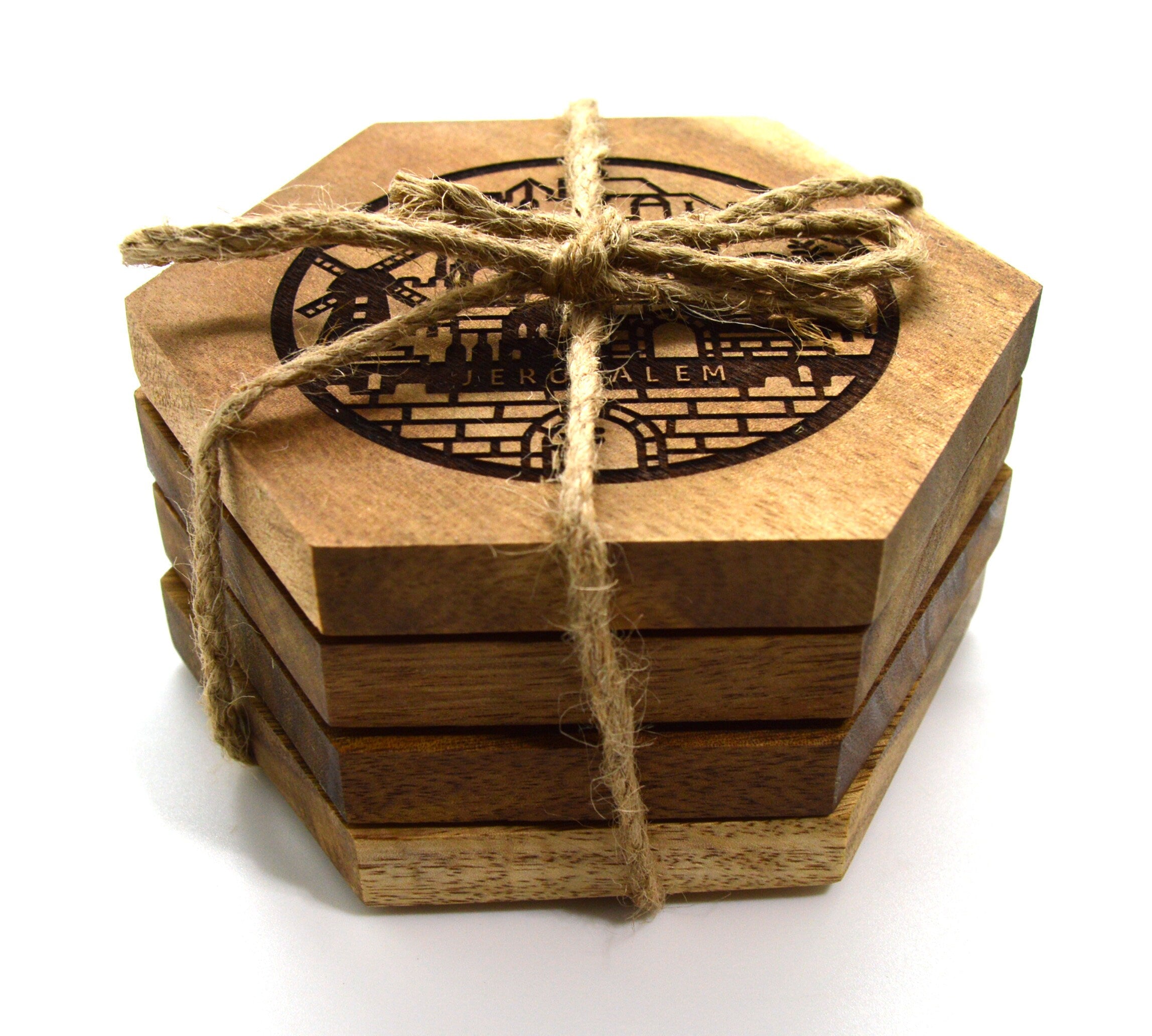 JERUSALEM Coasters Acacia wood engraved with the city of Jerusalem Israel set of 4