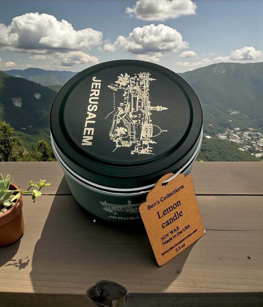 Handmade soy wax candle city of Jerusalem engraved tin metal jar available in 3.5 oz or 7 oz.