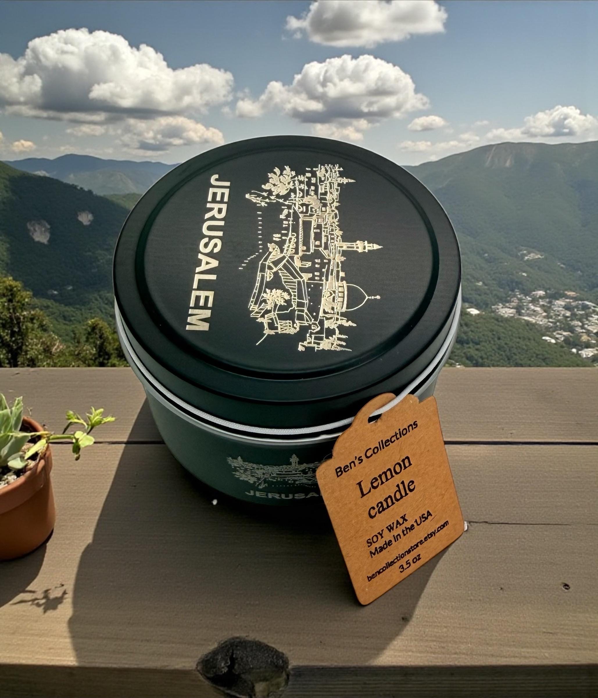 Handmade soy wax candle city of Jerusalem engraved tin metal jar available in 3.5 oz or 7 oz.
