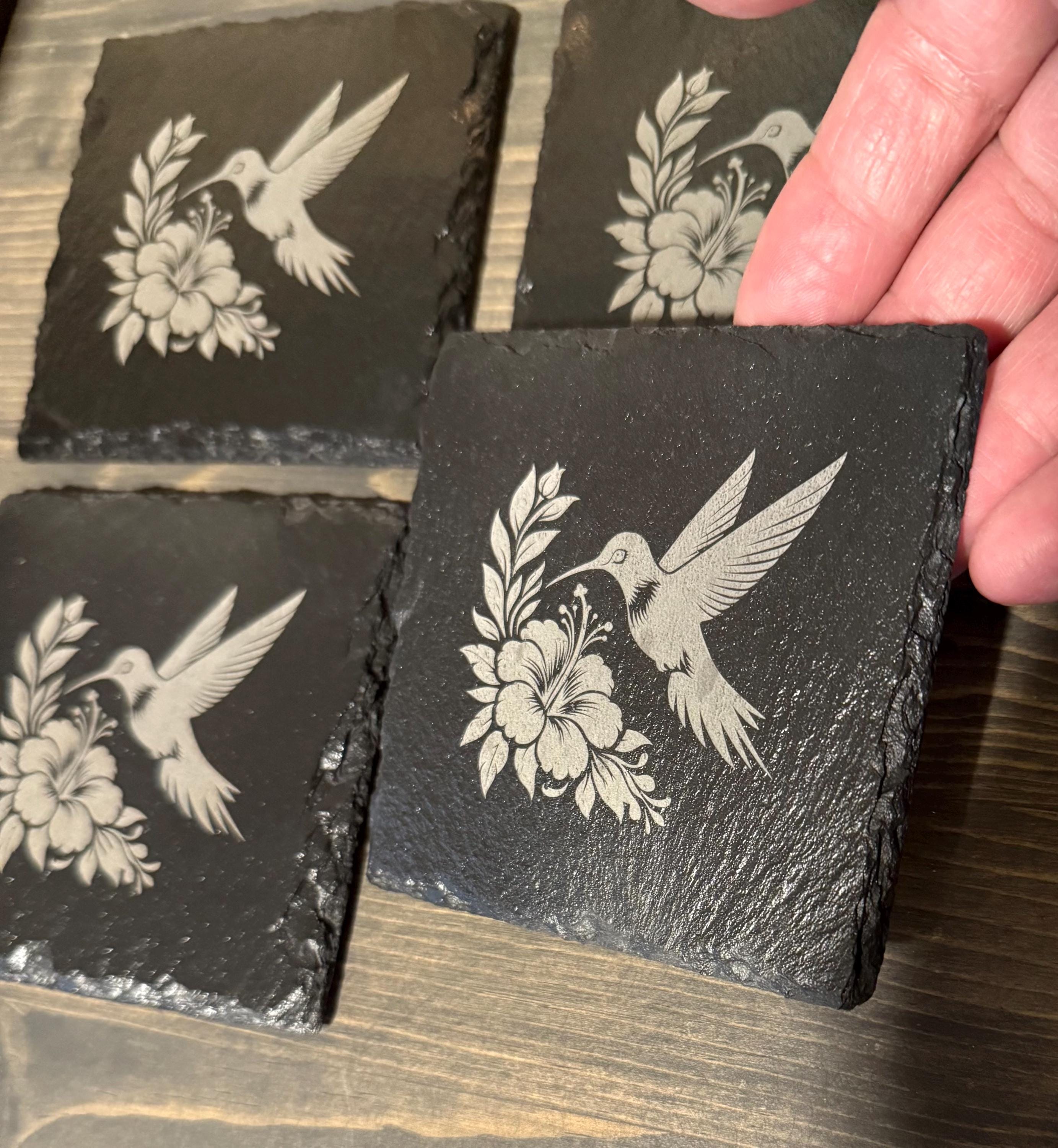 Natural Slate Stone Handmade Coaster Set with hummingbird flowers