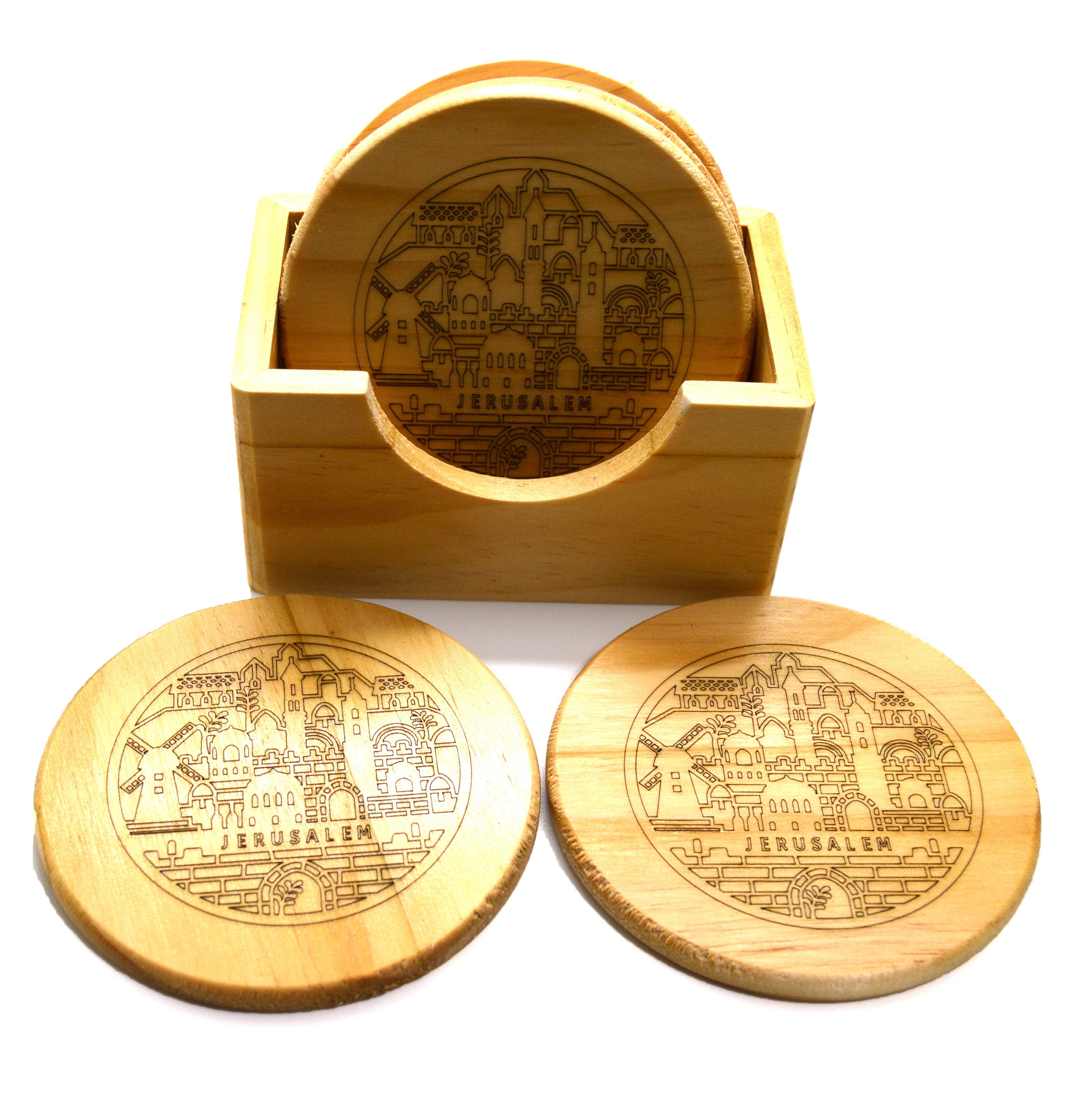 Jerusalem engraved coasters set of 6 pine wood with stand real wood
