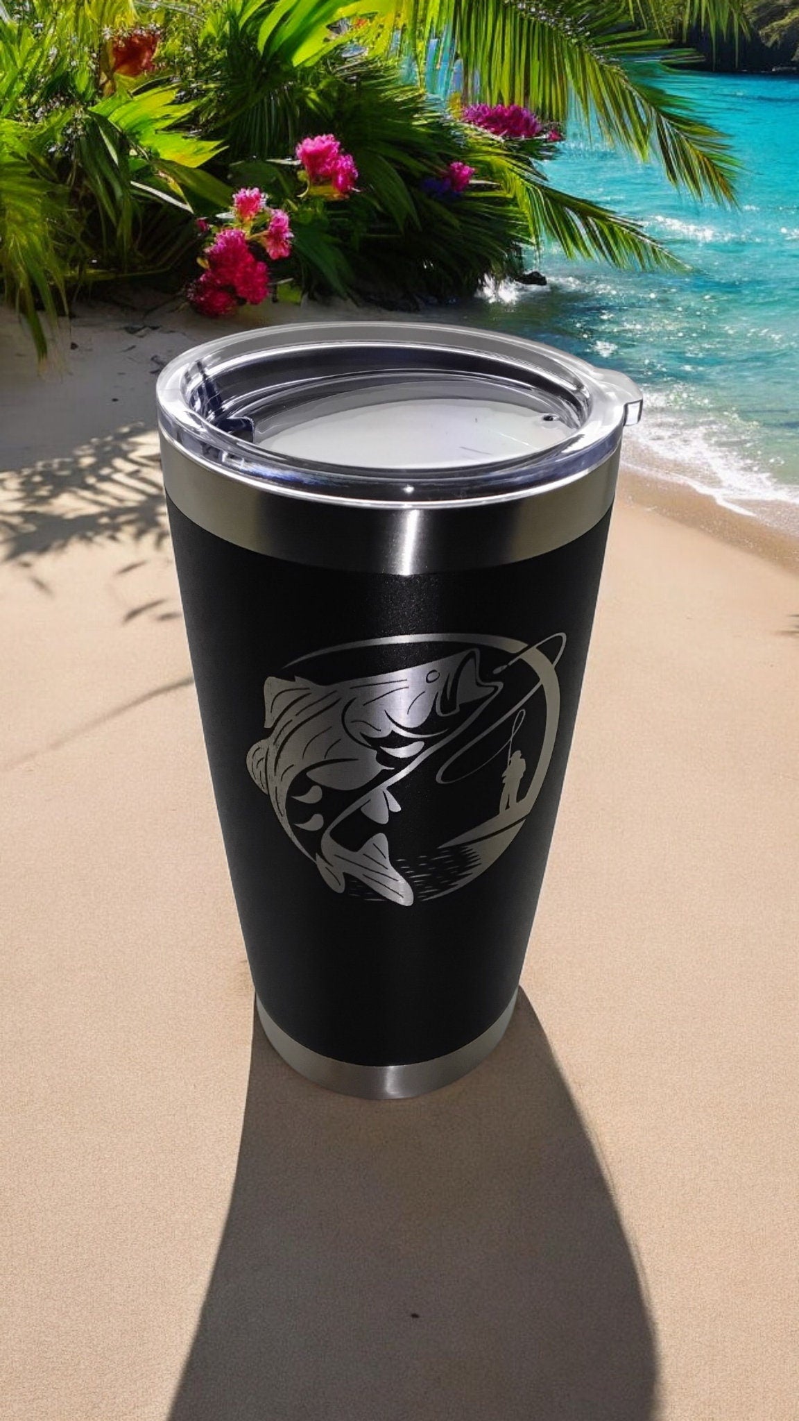 20oz Stainless Steel Tumbler with Lid engraved with Fishing travel mug gift