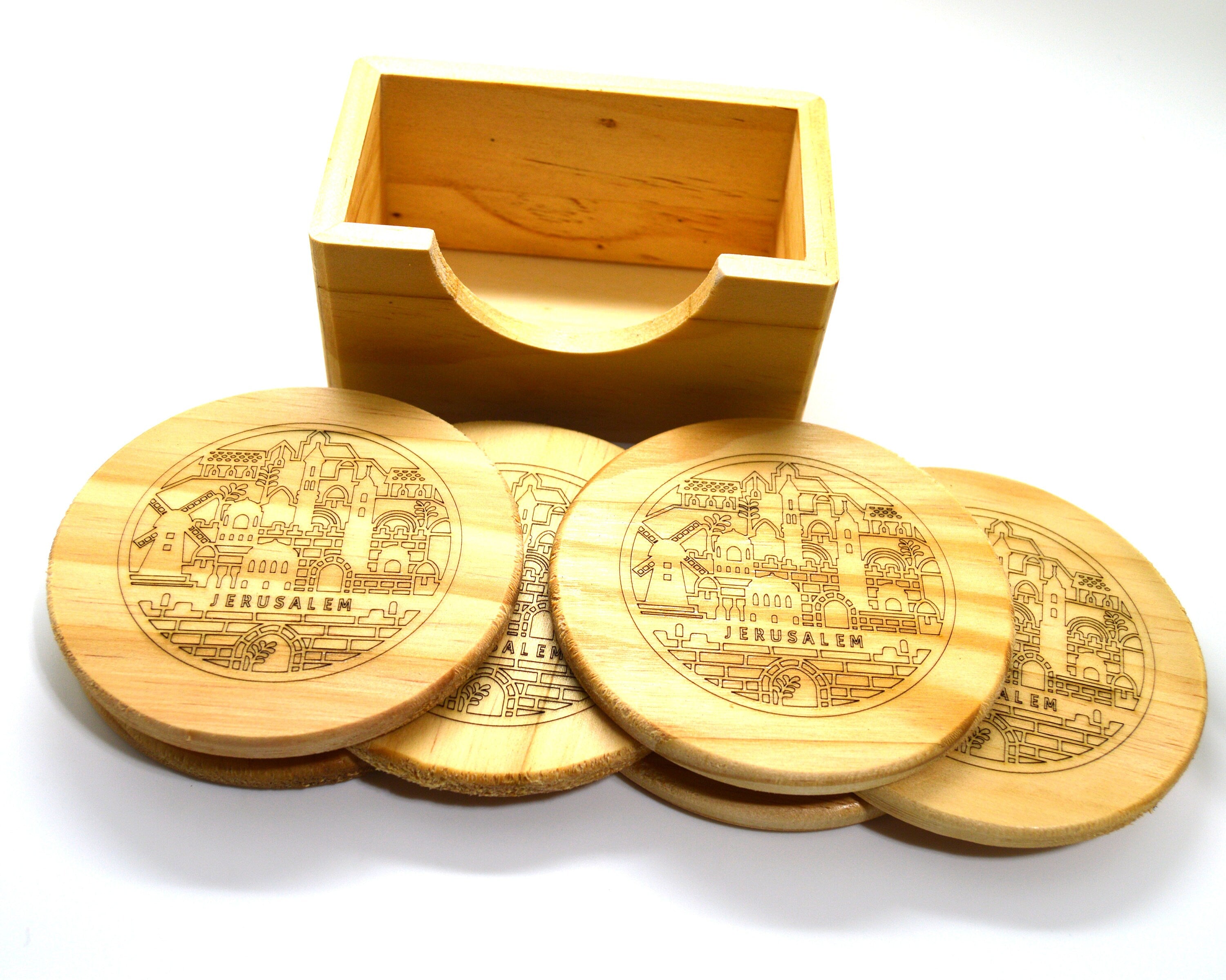 Jerusalem engraved coasters set of 6 pine wood with stand real wood