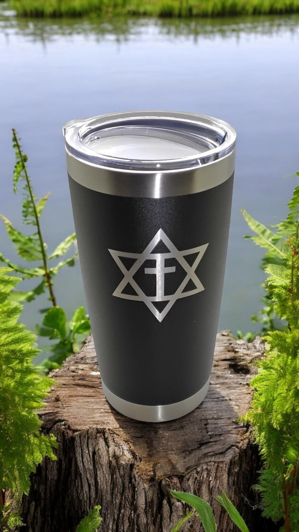 20oz Stainless Steel Tumbler w Lid engraved Star of David with cross Messianic travel mug