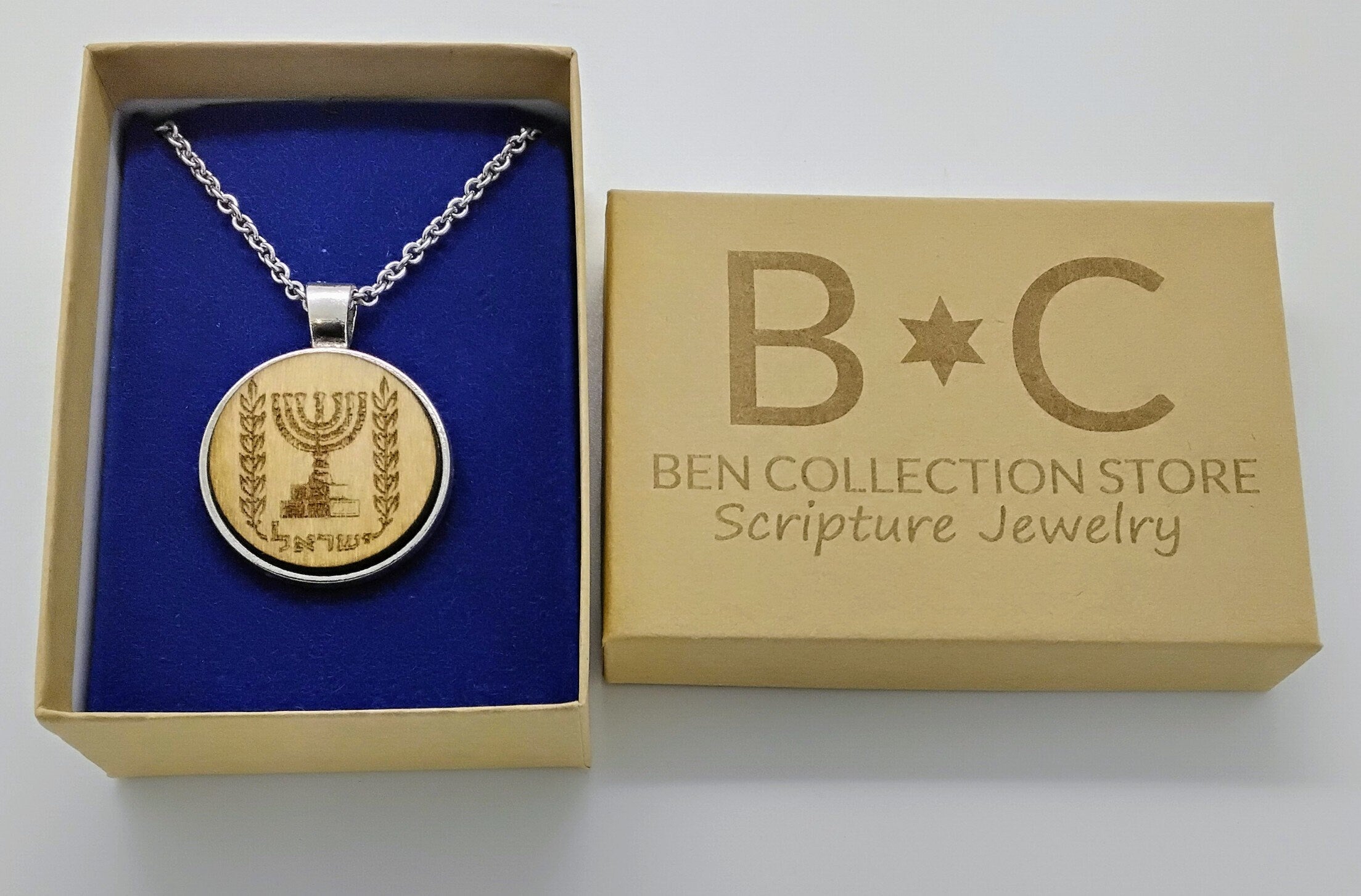 Israel Menorah necklace stainless steel with wood engraved 20" stainless steel necklace gift boxed.