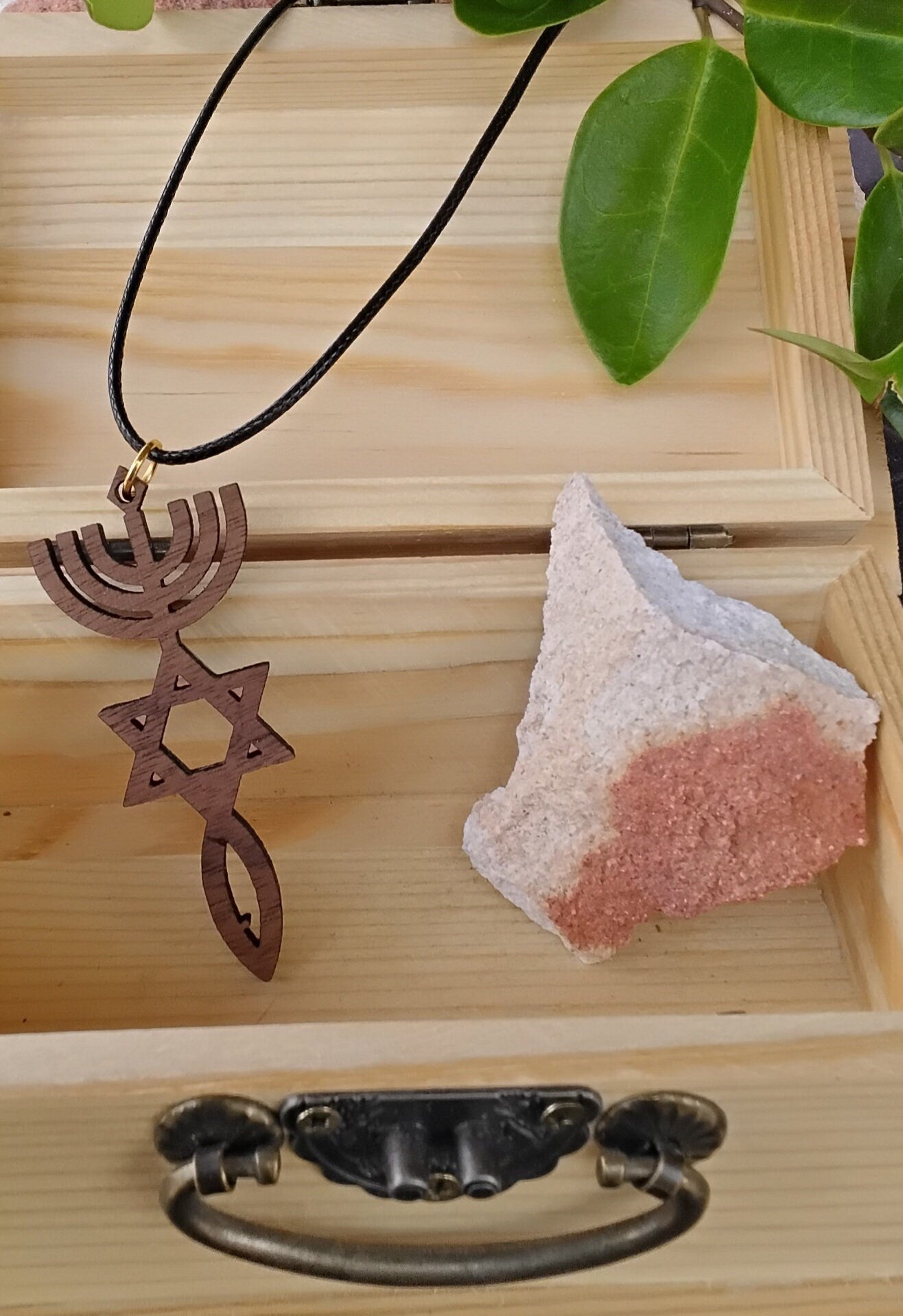 Star of David Menorah and fish grafted in messianic wooden walnut pendant with 20" necklace Jewish Christian jewelry