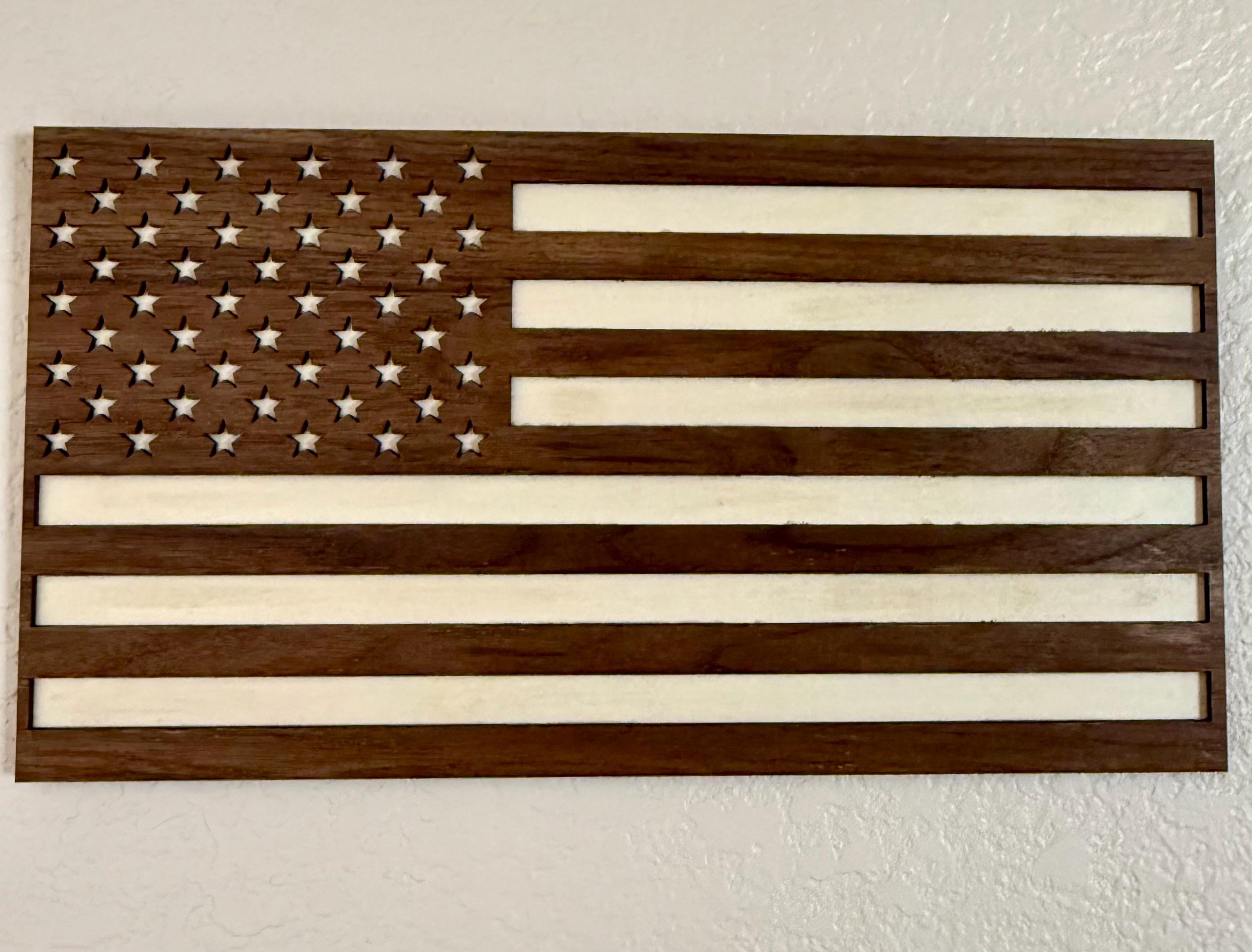 USA American flag handmade in Arizona from walnut and basswood with wooden stand 16 x 8.5