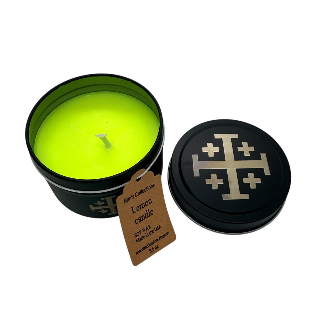 Handmade soy wax candle Jerusalem cross engraved tin metal jar available in 3.5 oz or 7 oz. Personalization Available