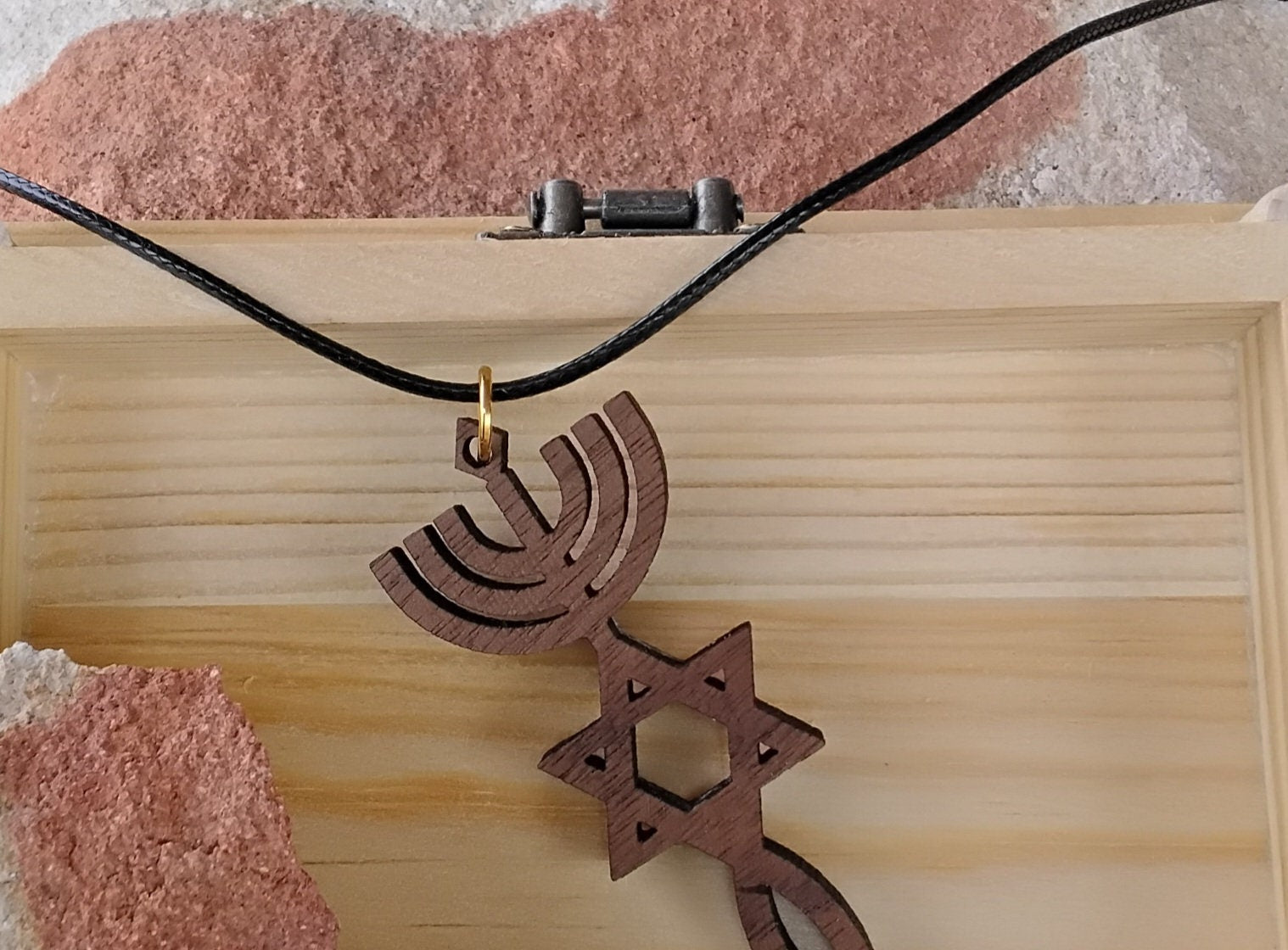 Star of David Menorah and fish grafted in messianic wooden walnut pendant with 20" necklace Jewish Christian jewelry