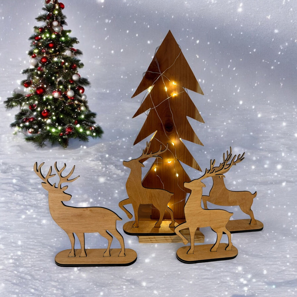 Wooden Christmas tree with 4 standing Reindeers and LED light hand made from Cedar and basswood, Personalize Reindeers available.