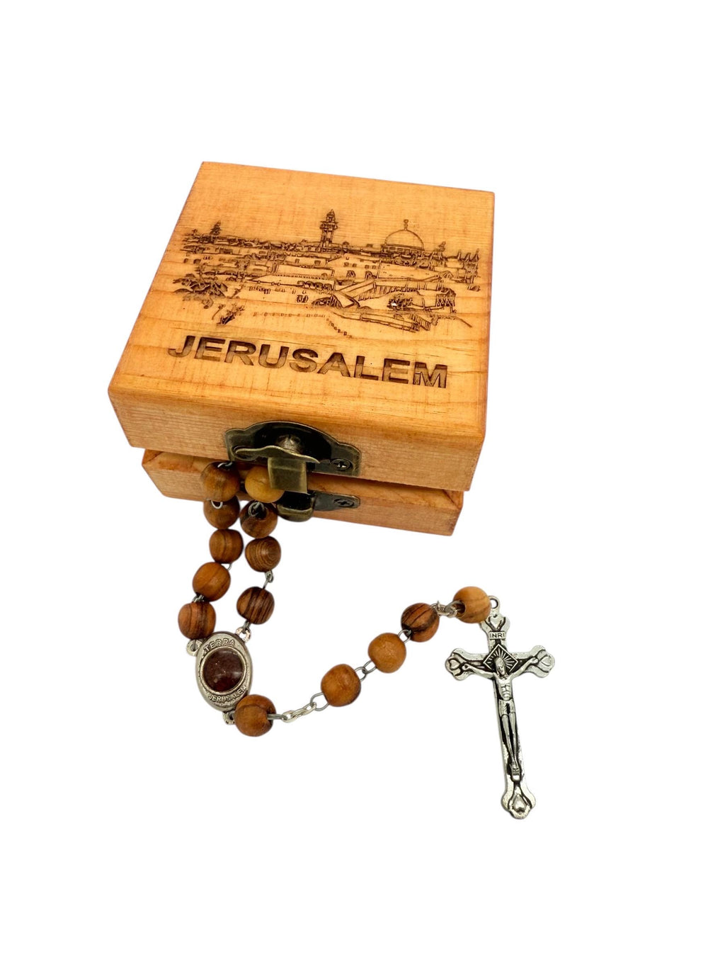 Bethlehem olive wood rosary beads with the Madonna and child and holy soil centrepiece and wooden handmade box engraved Jerusalem