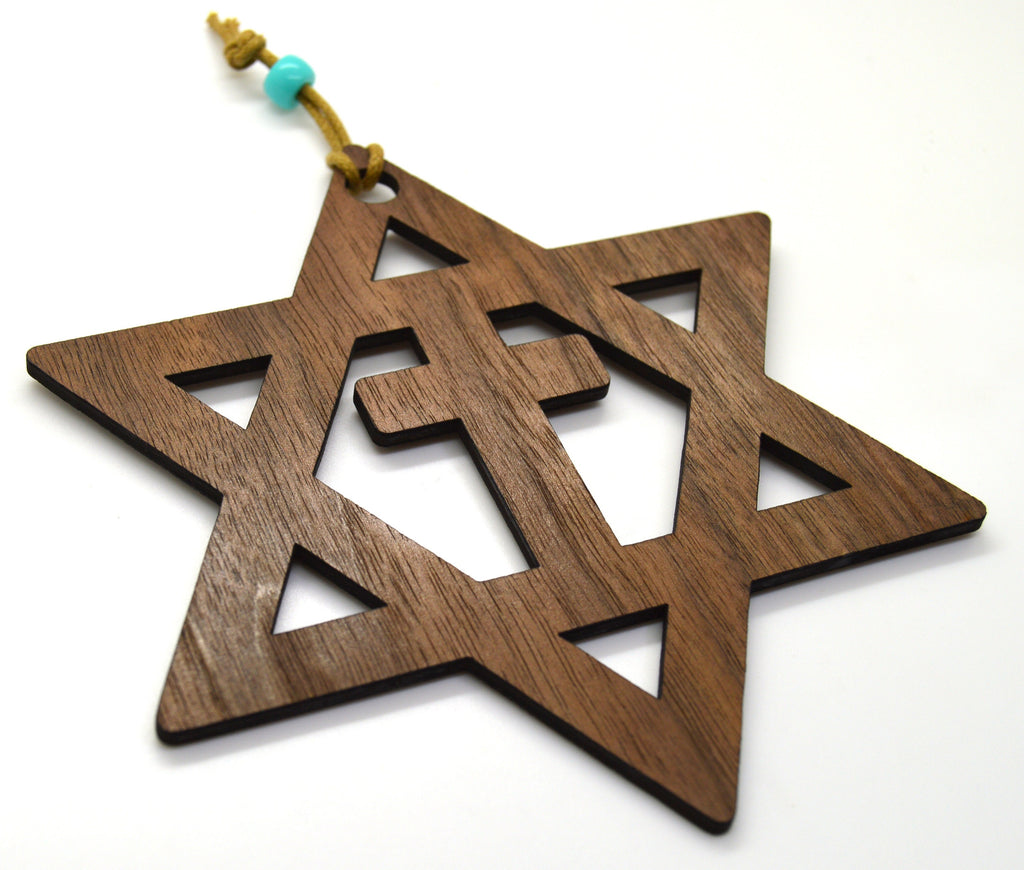 Star of David with the cross walnut or Basswood wooden cutout ornament wall art 5" Messianic Jewish gift