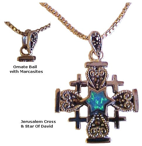 925 Silver Jerusalem Cross and Star of David with Opal and Marcasite