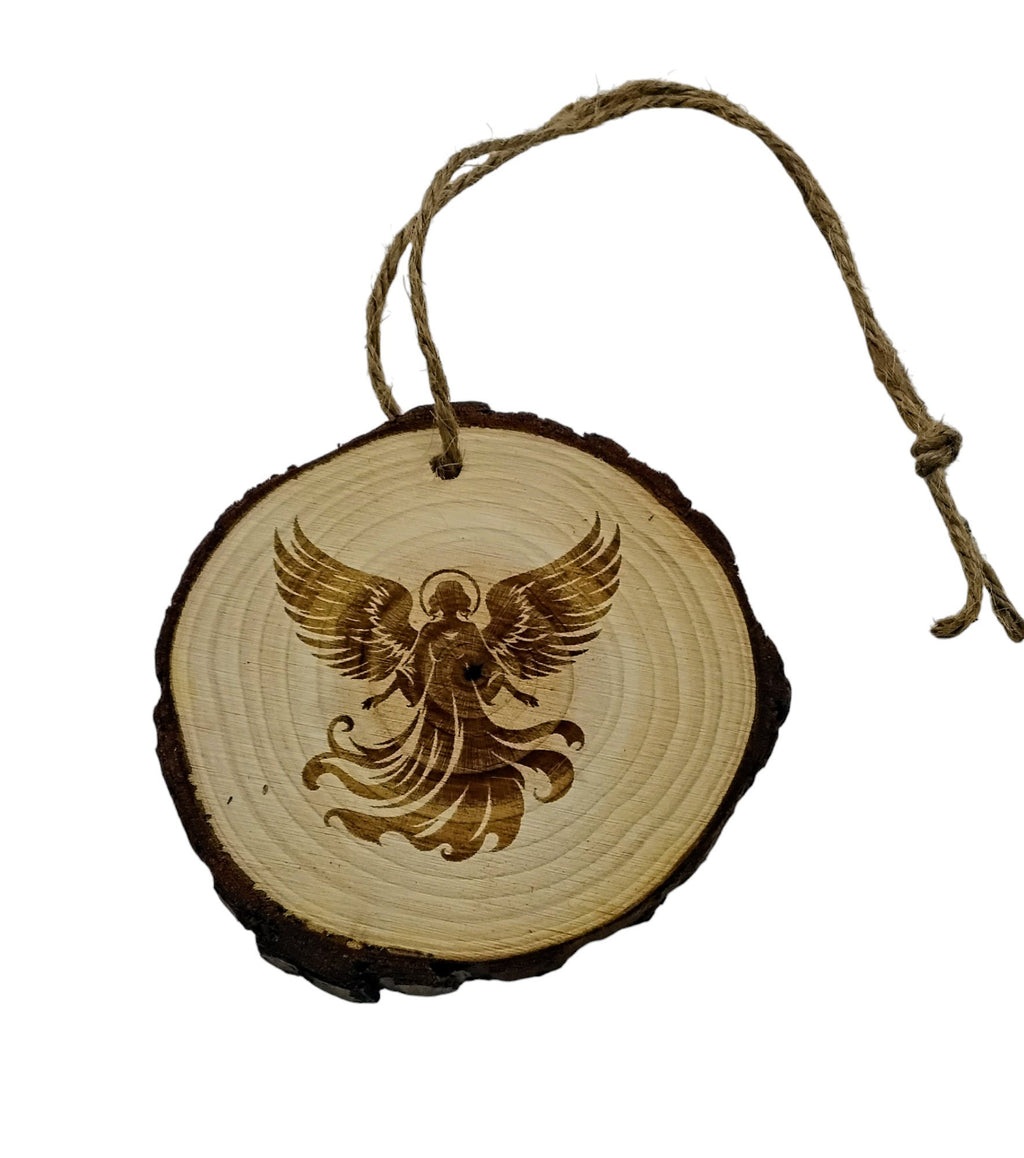 Angel handmade engraved on natural pine wood slice with the bark great decoration for the Christmas tree comes ready to hung gift box