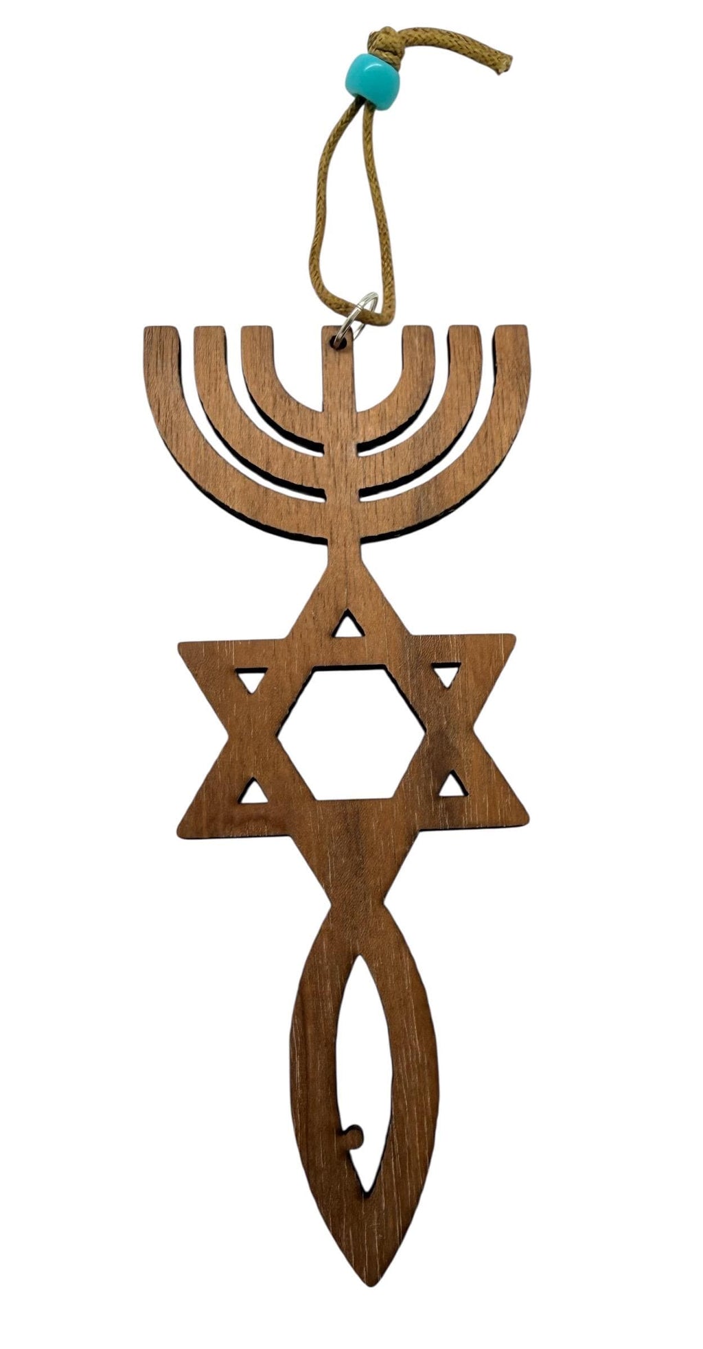 Messianic Seal Grafted In Israel Star of David Menorah and Fish cutout basswood 5" long x 2" gift boxed home decor wall hanging ornament