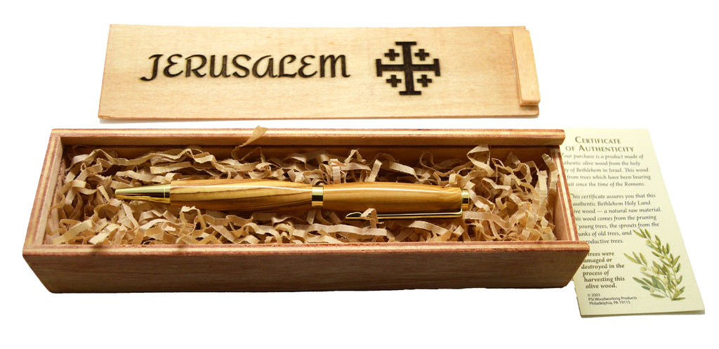 Olive wood from Israel hand turned pen with wooden gift box engraved Jerusalem Cross
