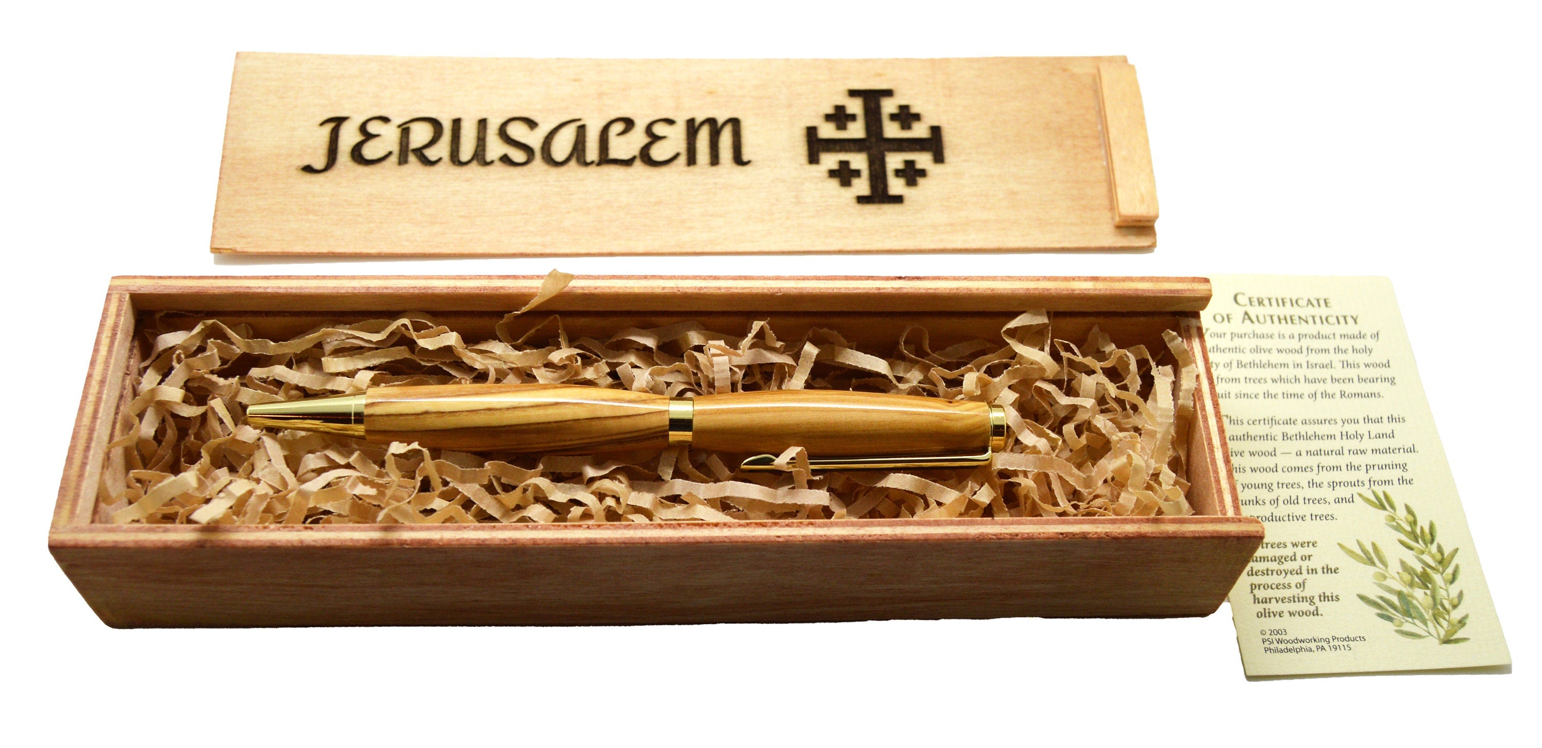 Olive wood from Israel hand turned pen with wooden gift box engraved Jerusalem Cross