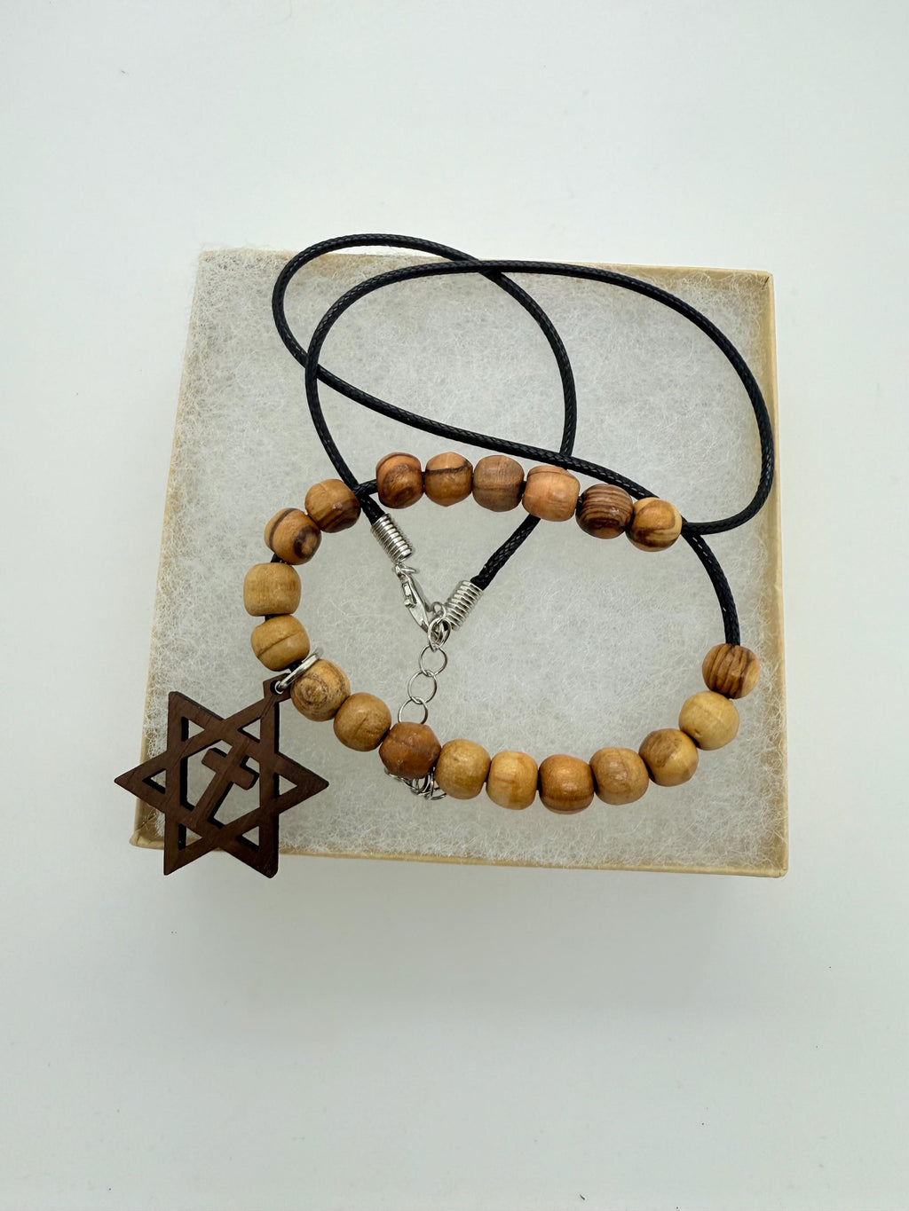Star of David with the cross walnut wooden pendant handmade necklace with olive wood beads 20" gift boxed