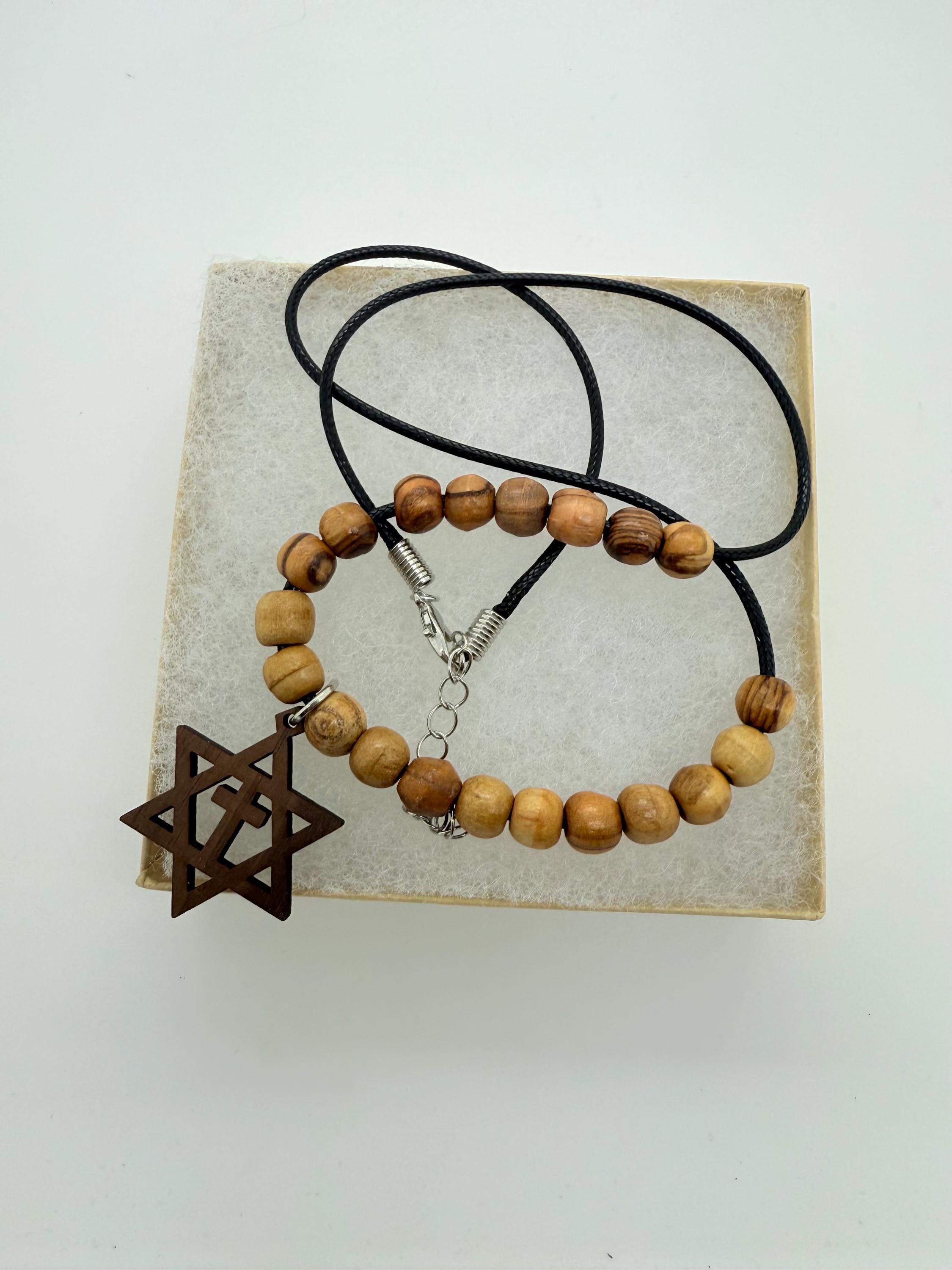 Star of David with the cross walnut wooden pendant handmade necklace with olive wood beads 20" gift boxed