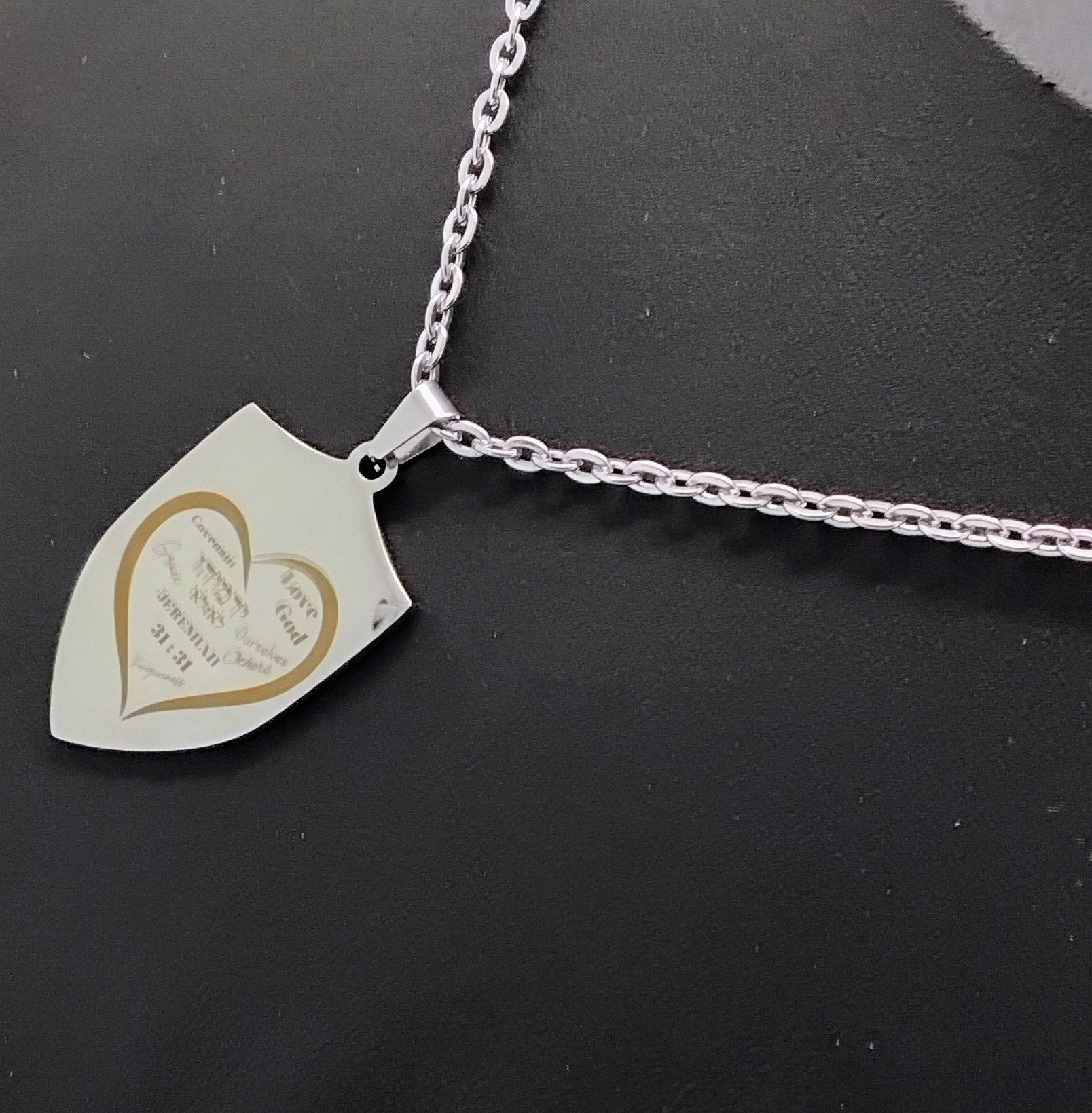 Jeremiah scripture necklace in Hebrew and English Stainless steel engraved with heart and 20 inches necklace
